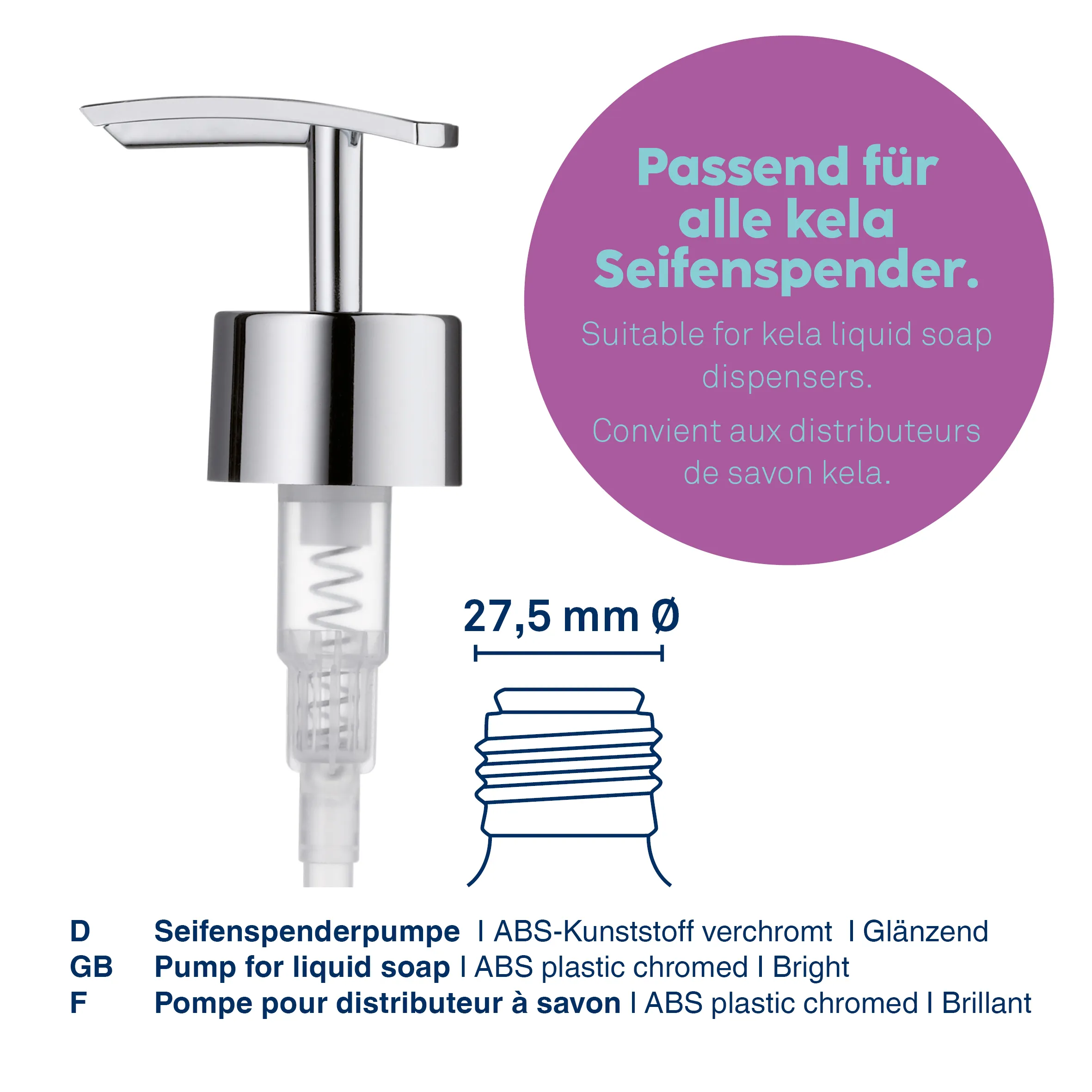 Verchromte Seifenspenderpumpe aus ABS-Kunststoff, 27,5 mm Durchmesser, passend für kela Seifenspender