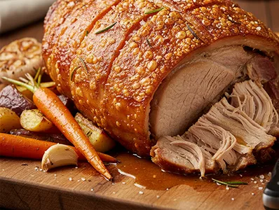 Saftiger Schweinebraten mit knuspriger Kruste - Gebratenes Schweinefleisch mit Gemüse Gebratener Schweinebraten aufgeschnitten auf Holzbrett mit Karotten, Knoblauch und Kräutern, saftig und knusprig