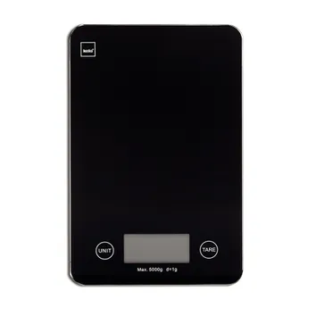 Schwarze digitale Küchenwaage von Kela mit LCD-Display, UNIT und TARE Tasten, max. 5000g Kapazität
