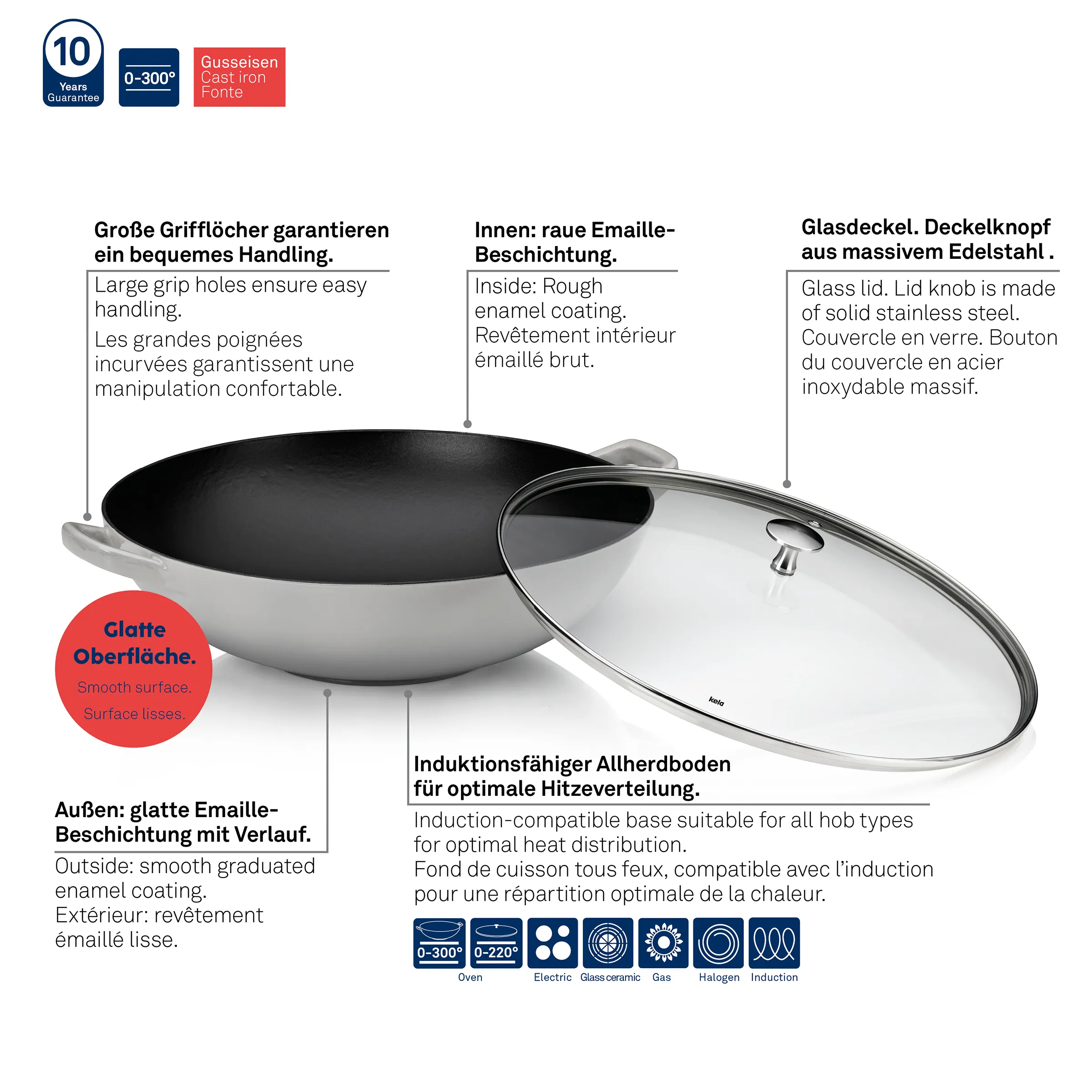 Gusseisen-Wok mit Glasdeckel - Induktionsfähig Gusseisen-Wok mit Glasdeckel, großen Griffmulden und glatter Emaille-Beschichtung. Induktionsfähig mit 10 Jahren Garantie.