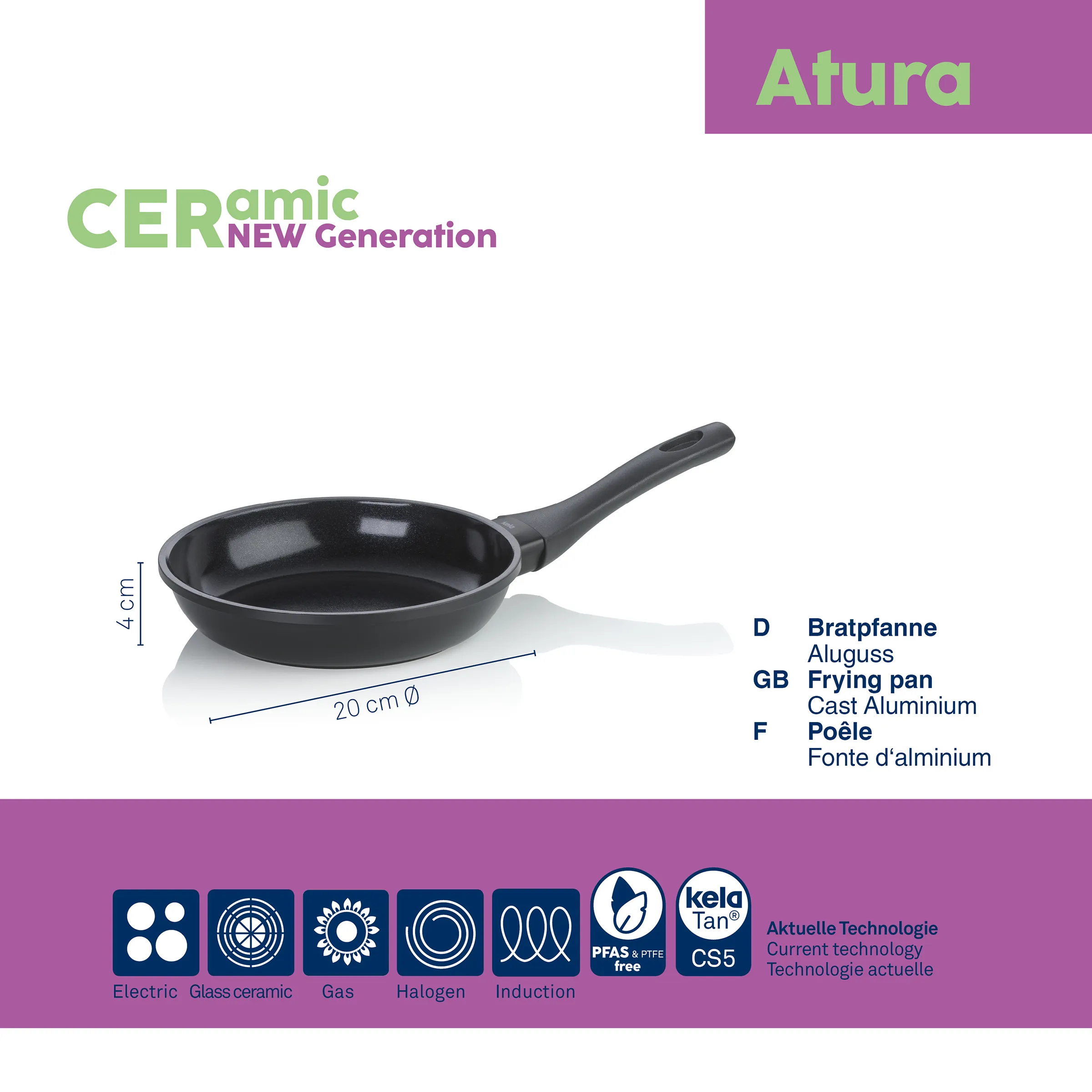 Atura Bratpfanne 20 cm Aluminium Keramik-Antihaft Schwarze Aluminium-Bratpfanne Atura mit 20 cm Durchmesser und 4 cm Höhe, geeignet für alle Herdarten