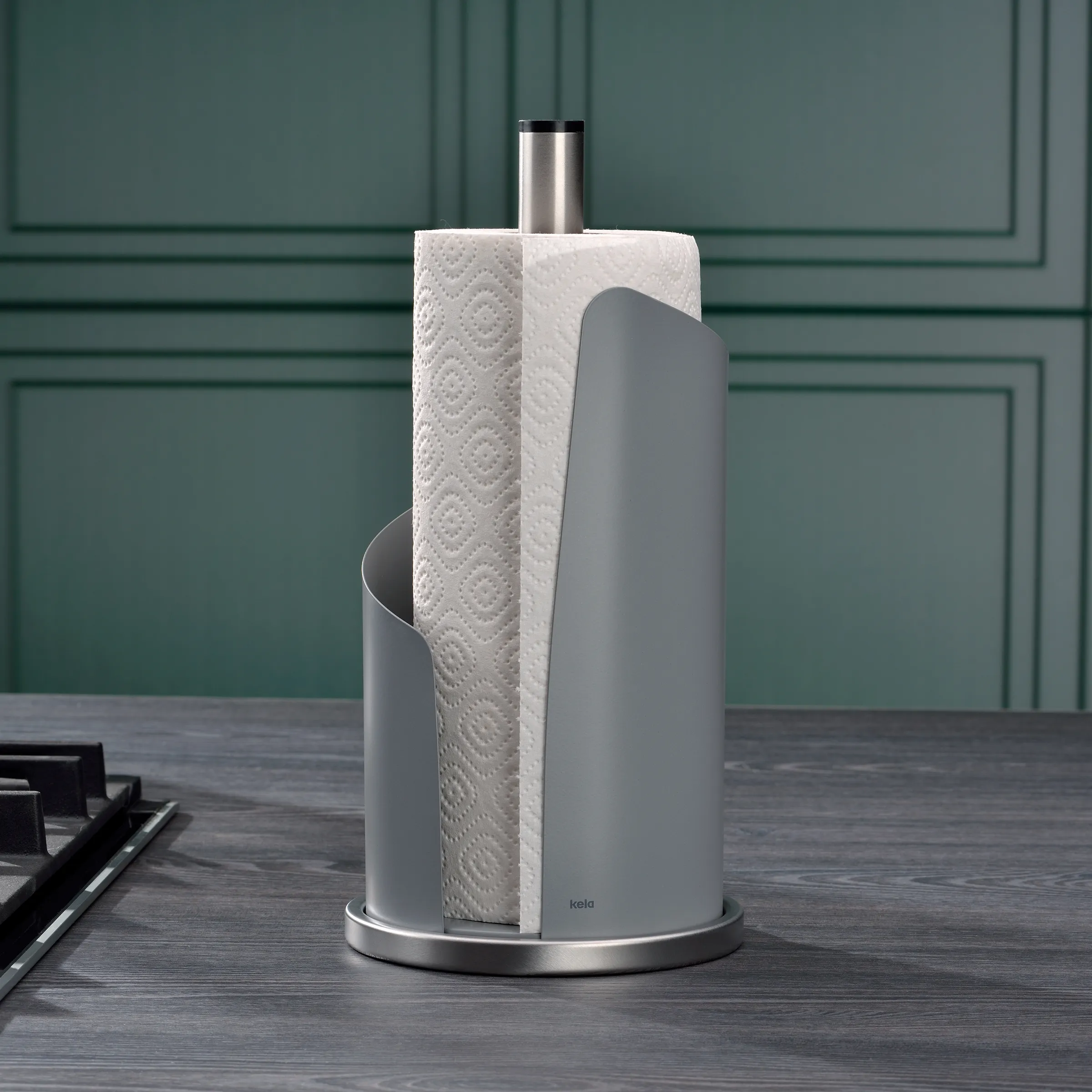Moderne Papierrollenhalter aus grauem Metall mit Edelstahlständer und eingerolltem Papiertuch auf grünem Hintergrund