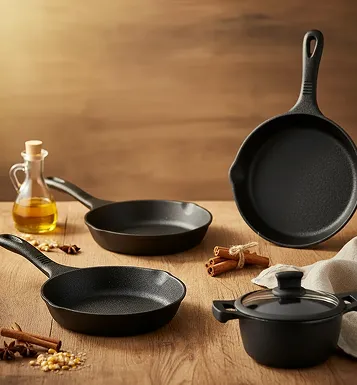 Black cookware set featuring skillets, pot and container arranged on wooden surface with oil and spices