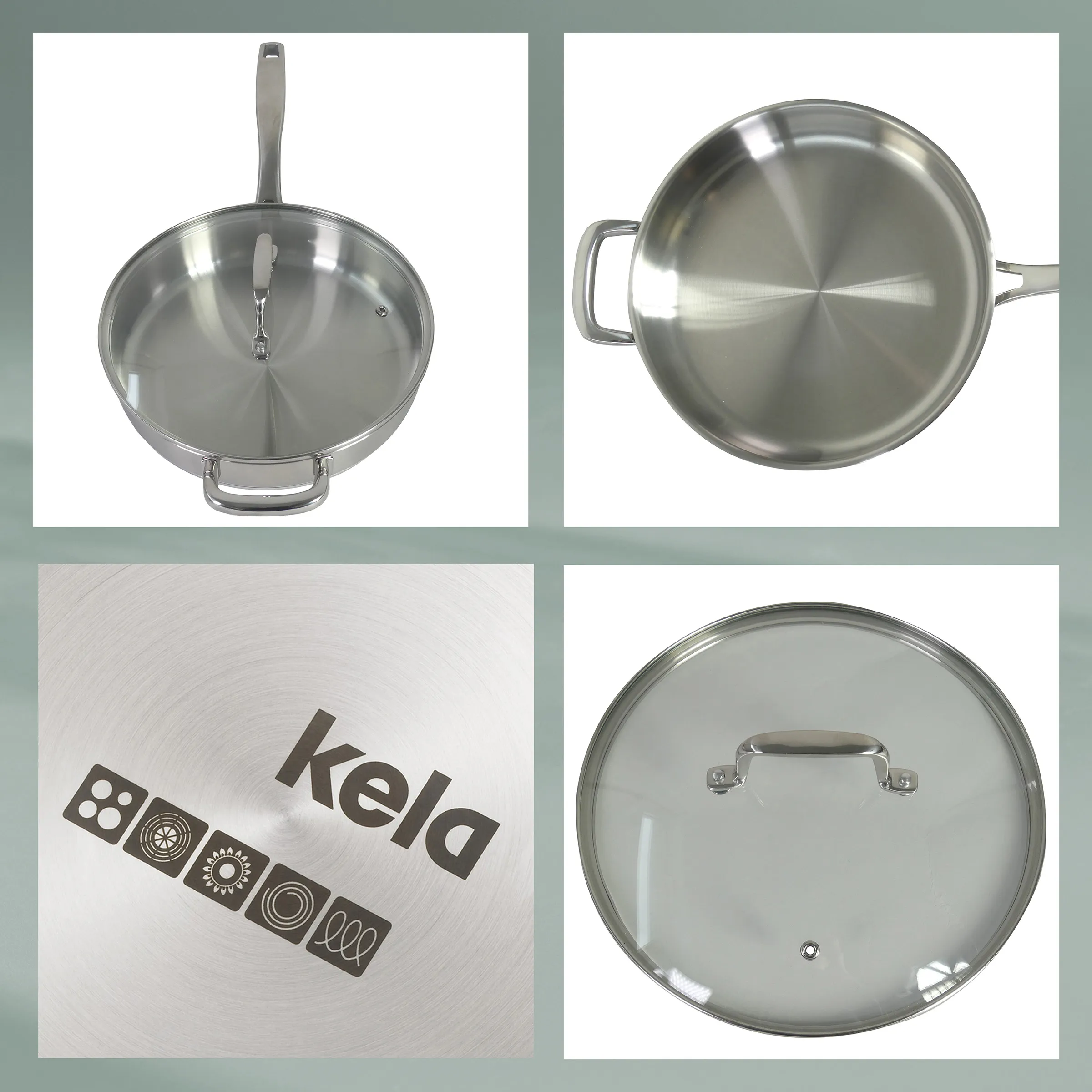 Kela Edelstahl-Bratpfanne mit Glassdeckel Kela Edelstahl-Bratpfanne mit Deckel in verschiedenen Ansichten, inklusive Markenschriftzug