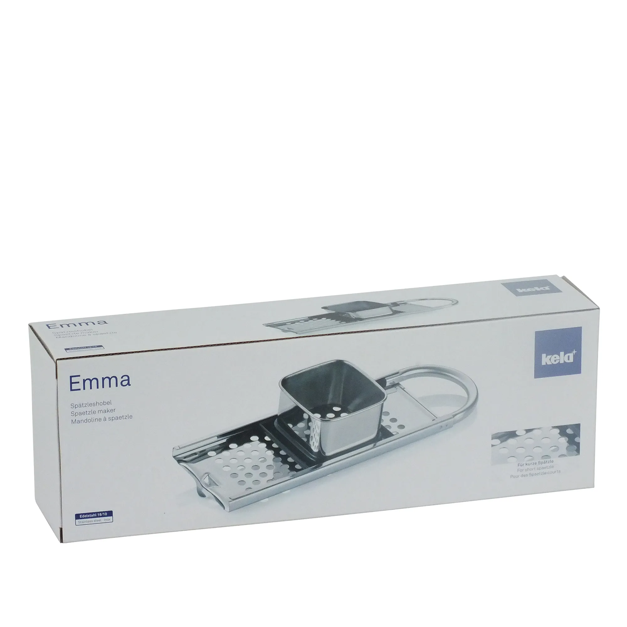 Keld Emma Spätzleshobel mit Auffangbehälter und Zubehör auf Produktverpackung