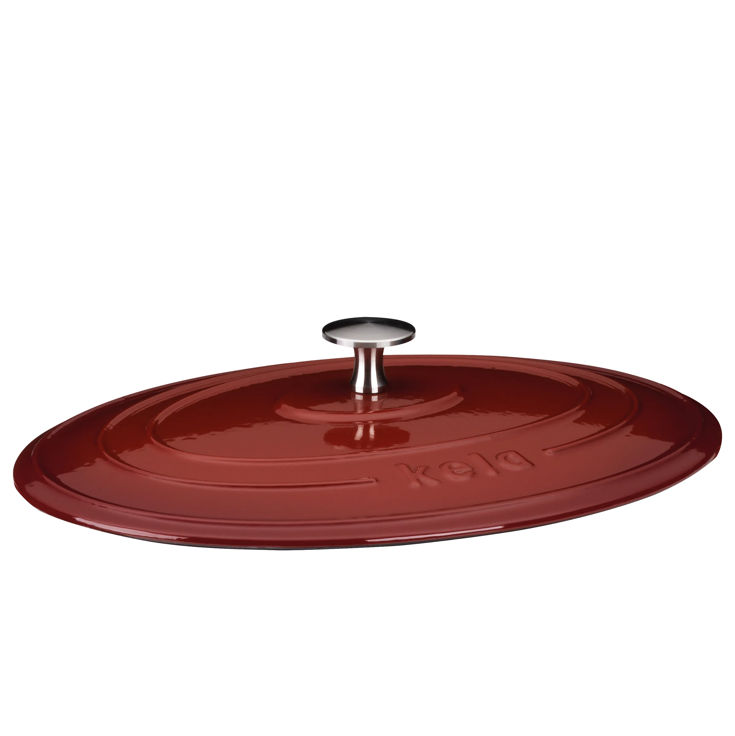Staub Gusseisendeckel oval rot – Premium Topfdeckel mit Edelstahlknauf Roter Kochdeckel aus Gusseisen mit silbernem Knauf und Staub-Prägung in ovaler Form
