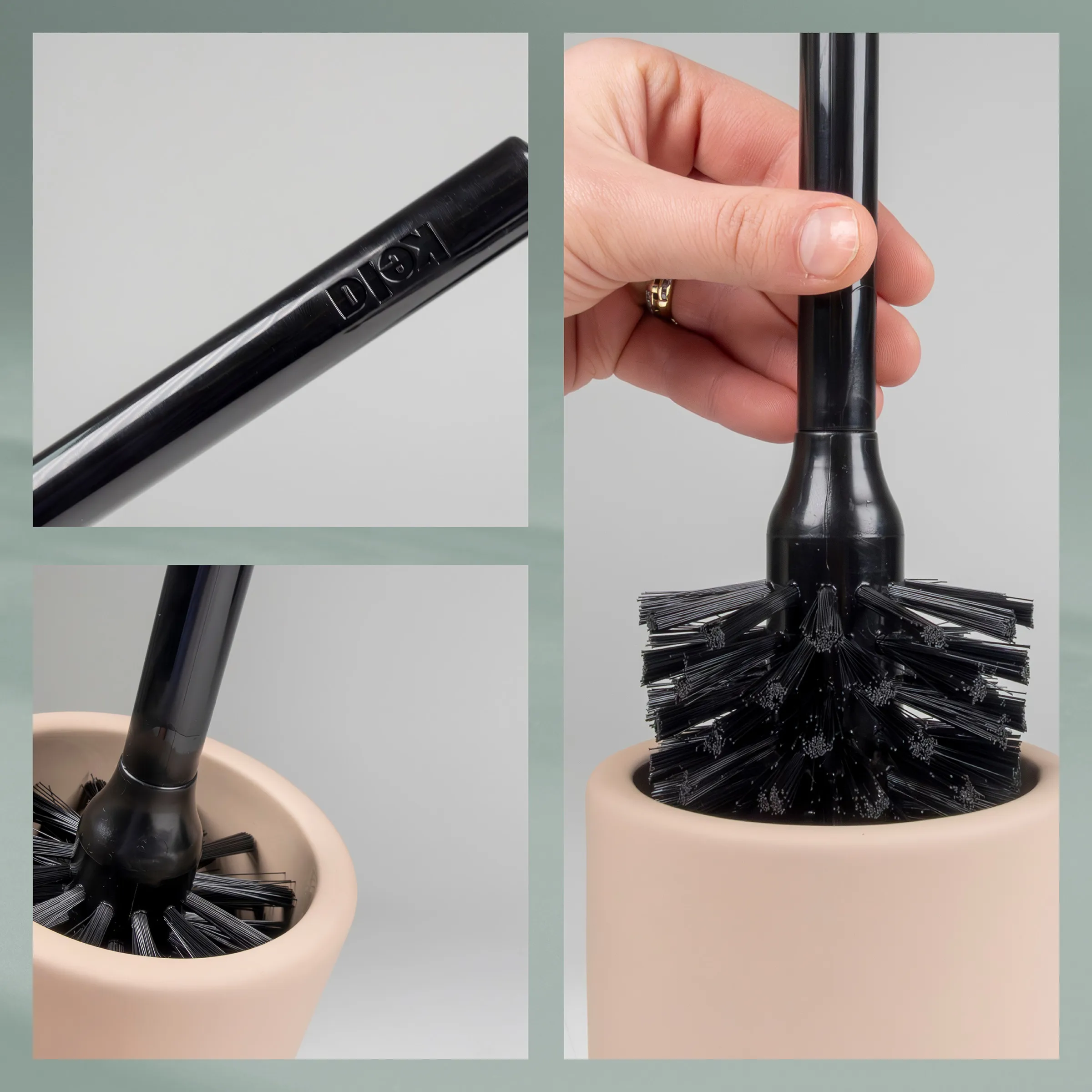 WC-Bürste schwarz mit beiger Halterung – Toilettenbürste mit ergonomischem Griff Schwarze WC-Bürste mit Halterung in beige, Hand zeigt praktische Griffmulde, Detailansichten