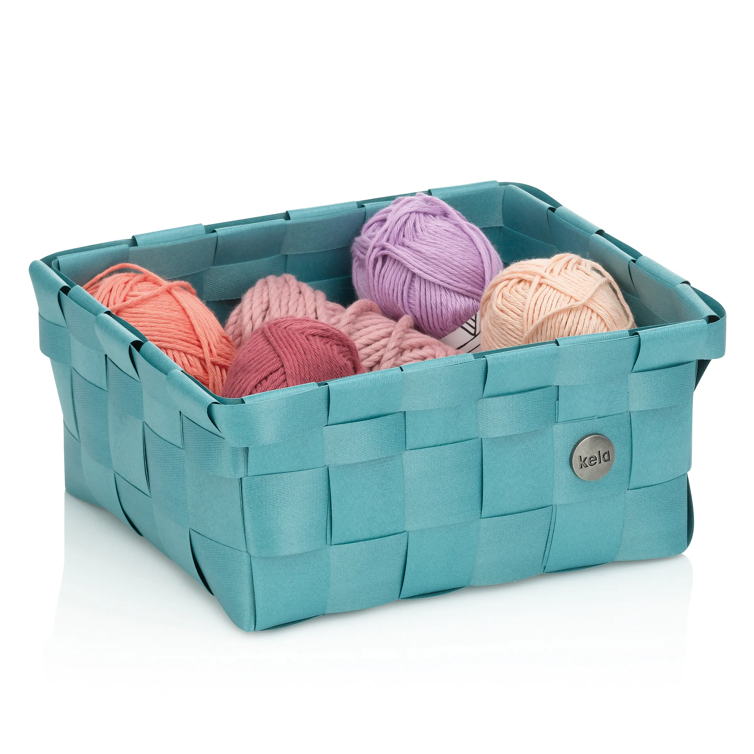 Weidenkorb Aufbewahrung - Kela Turquoise Storage Basket Türkisblauer Kela-Weidenkorb mit fünf bunten Wollknäueln in Koralle, Rosa, Violett, Creme und Beige