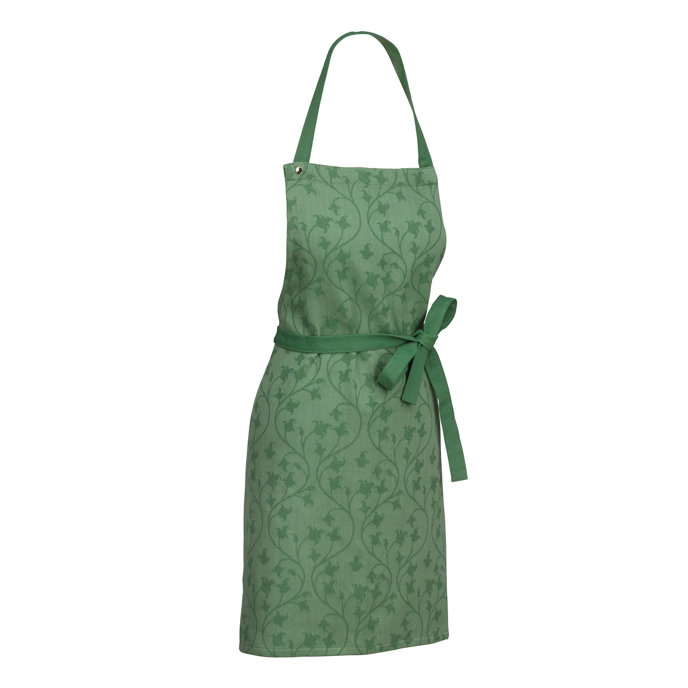 Grüne Küchenschürze mit Blumenmuster Grüne Schürze mit Blumenmuster und grünem Schleifenband, langem Nackenträger und Damenschnitt