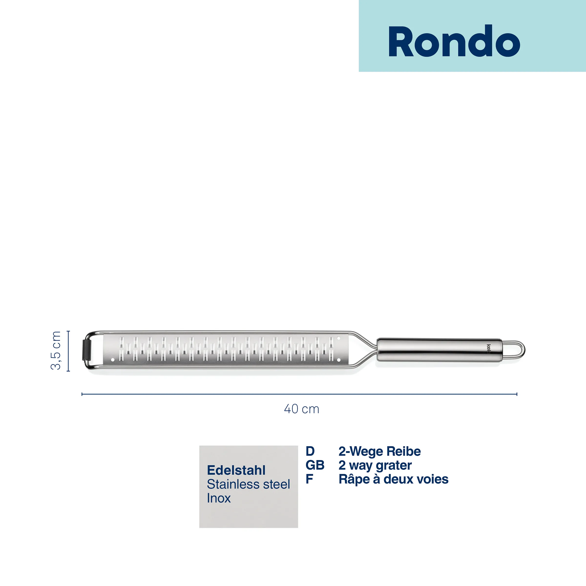 Rondo 2-Wege Flachreibe Edelstahl 40 cm Rondo Flachreibe aus Edelstahl mit 2-Wege-Zahnung, 40 cm lang und 3,5 cm breit