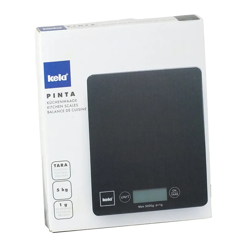 Balance de cuisine numérique Kela Pinta 5 kg Balance de cuisine numérique Kela Pinta avec surface noire, commandes tactiles et écran LCD dans son emballage d'origine