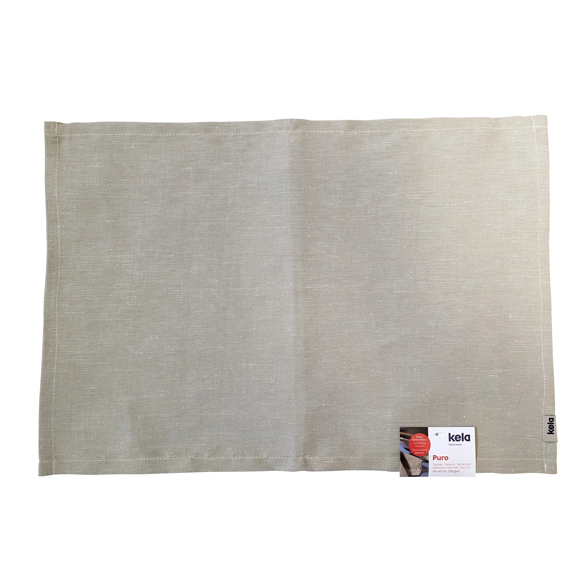 Kela Puro Tischset Beige - Stofftischset für Esstisch Kela Puro Tischset in natürlichem Beige mit Stoffstruktur und Produktetikett auf weißem Hintergrund