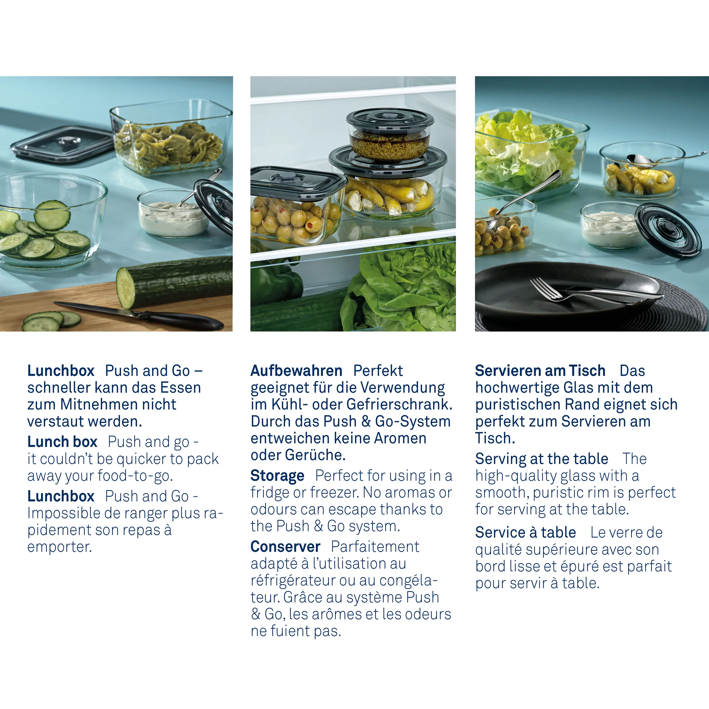 Glas-Vorratsdosen mit Push & Go System für Kühlschrank und Gefrierschrank Aufbewahrung Glas-Vorratsdosen mit Push & Go Deckel gefüllt mit Oliven, Gurken, Pasta und Salat auf blauer Oberfläche
