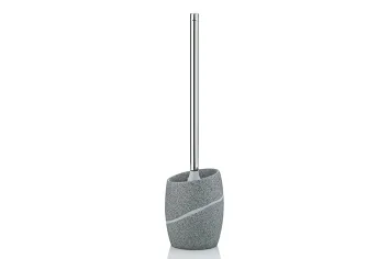Bathroom set with gray toilet brush in cement finish, white toilet paper holder, and white bathroom accessory on wall