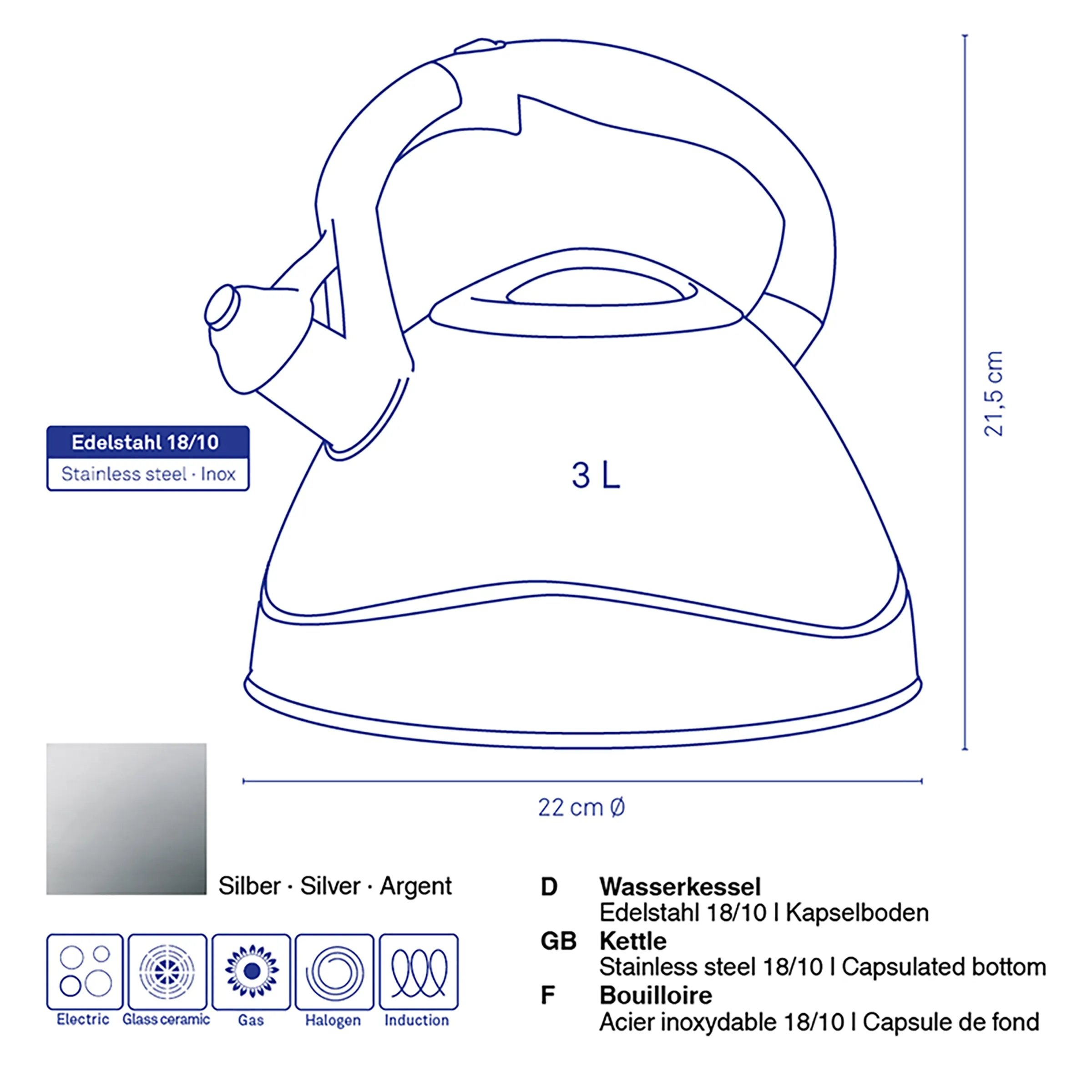 Edelstahl-Wasserkessel mit 3 Liter Fassungsvermögen, 22 cm Durchmesser, 21,5 cm Höhe, Flötendeckel