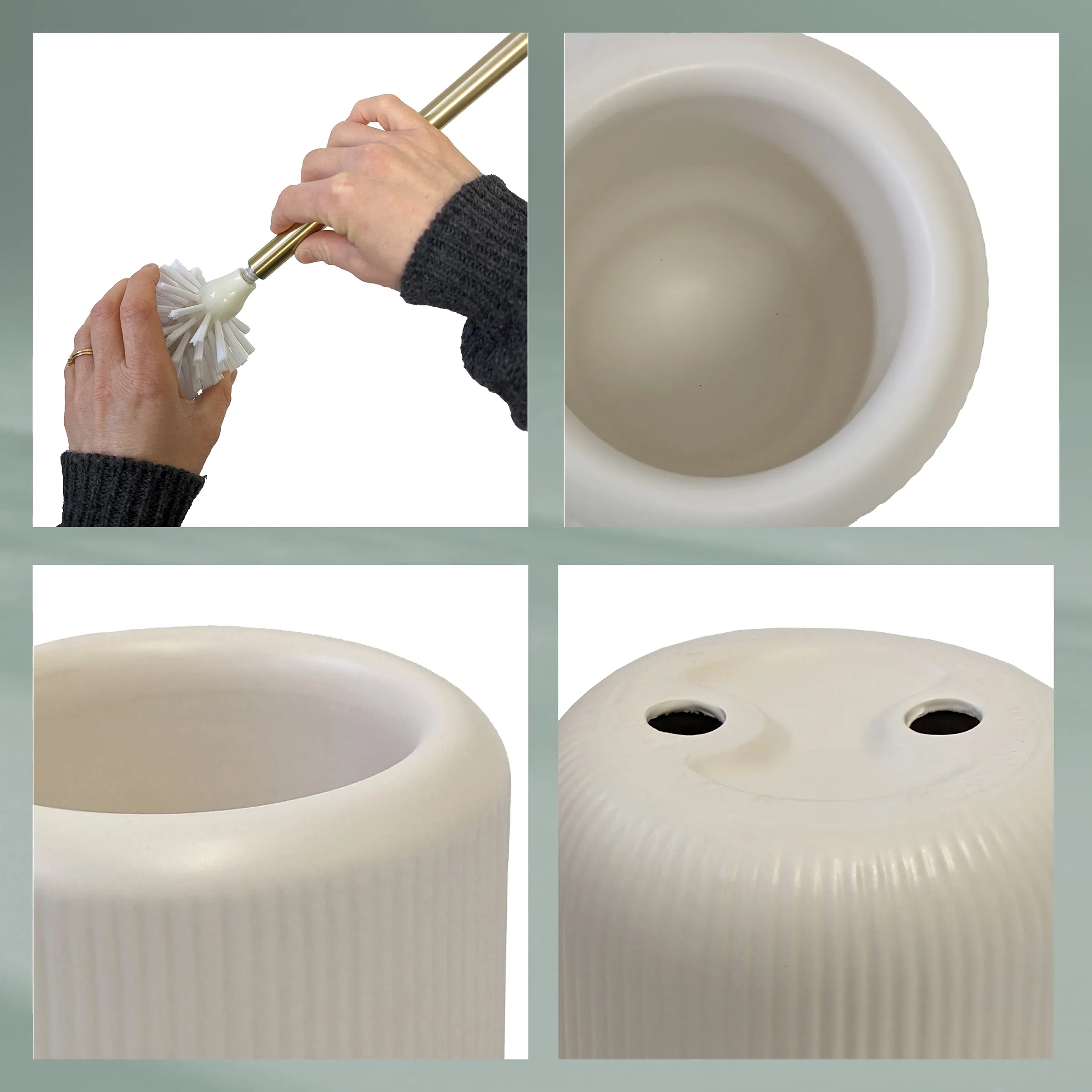 Toilettenbürste weiß mit Messinggriff und Behälter Weiße Toilettenbürste mit Messinggriff und rundem Behälter. Detailaufnahmen zeigen die Bürste, den Behälter von oben und von der Seite sowie die Lüftungslöcher.