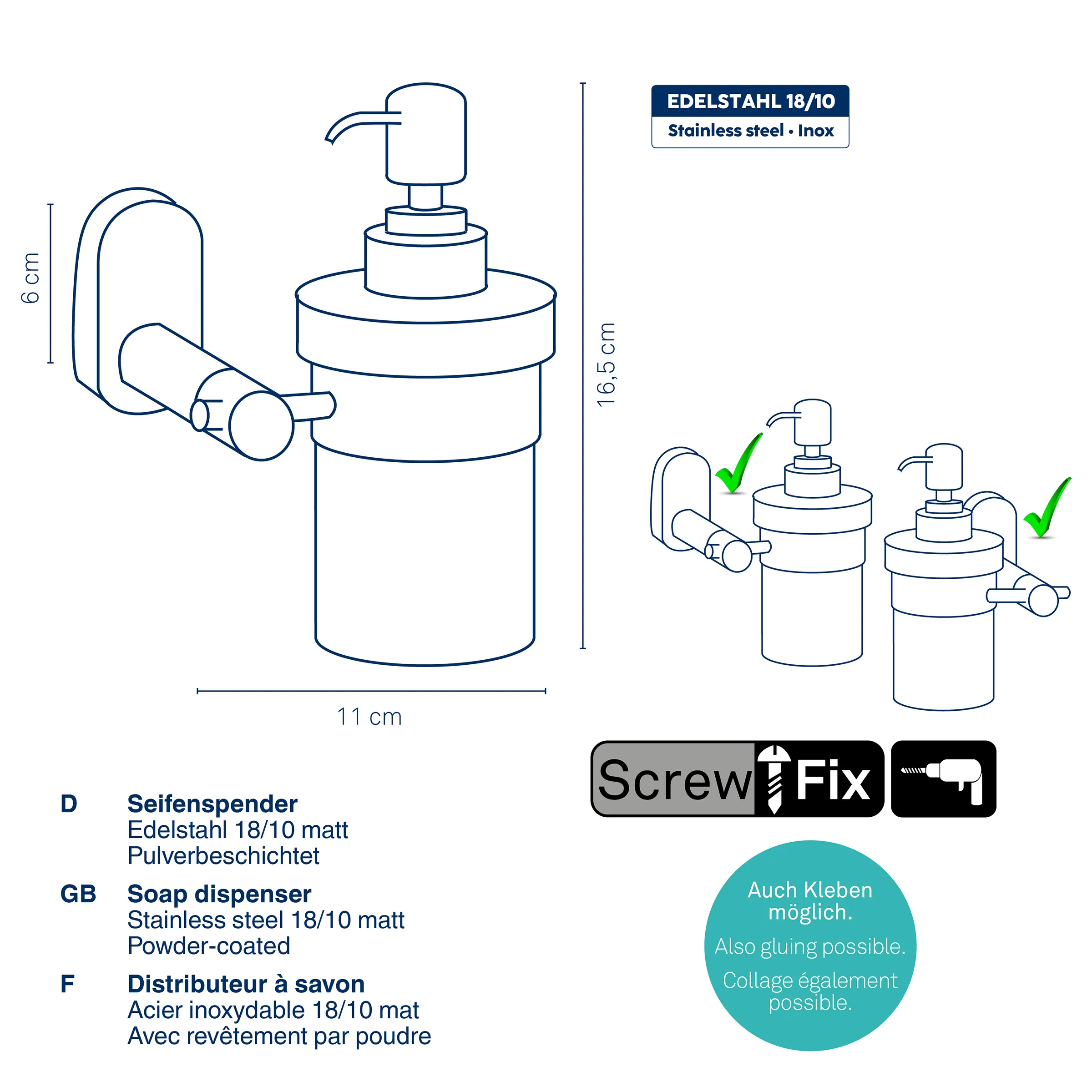 Seifenspender Edelstahl 18/10 - Wandmontage & Verschraubung Edelstahl-Seifenspender 16,5 cm hoch mit Pumpmechanismus, Screw-Fix Befestigung und Klebeoptionen für Badezimmer