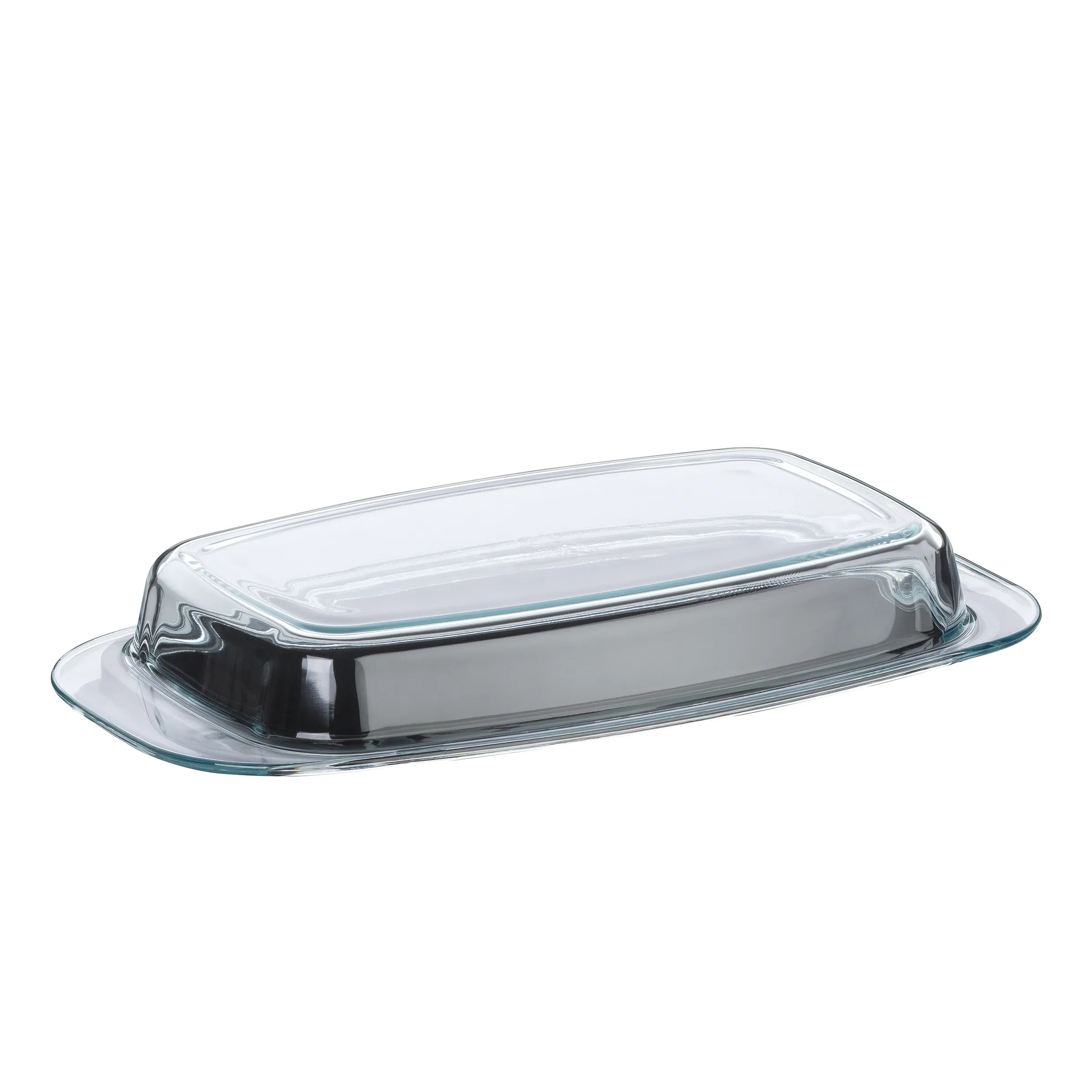 Glas-Butterdose mit Deckel und Edelstahl-Griff für Küche Glas-Butterdose mit transparentem Deckel und Edelstahl-Griff auf weißem Hintergrund