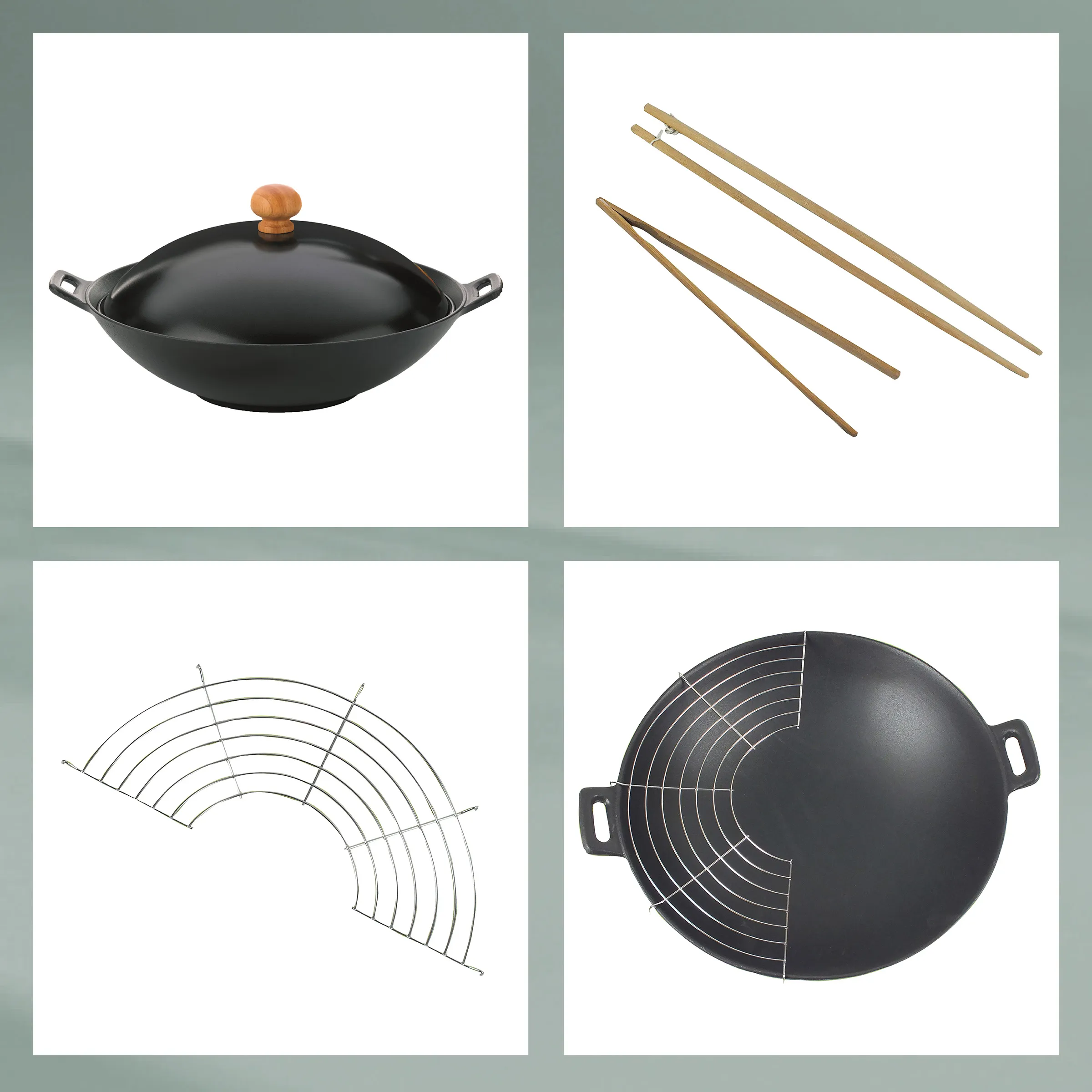 Wok-Set mit Deckel, Bambusstäbchen und Grillrost - Asiatische Kochutensilien Wok-Set: schwarzer Wok mit Deckel, Bambus-Stäbchen, Rost-Einsatz auf weißem Hintergrund
