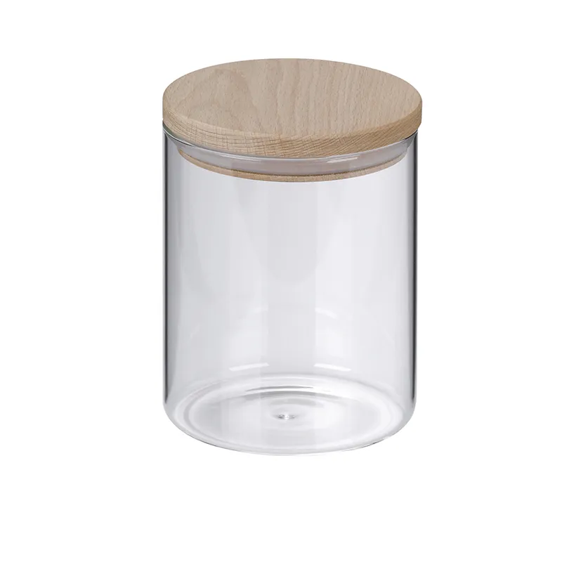 Vorratsglas mit Holzdeckel - Lagerungsbehälter Transparentes Glasgefäß mit Holzdeckel auf weißem Hintergrund