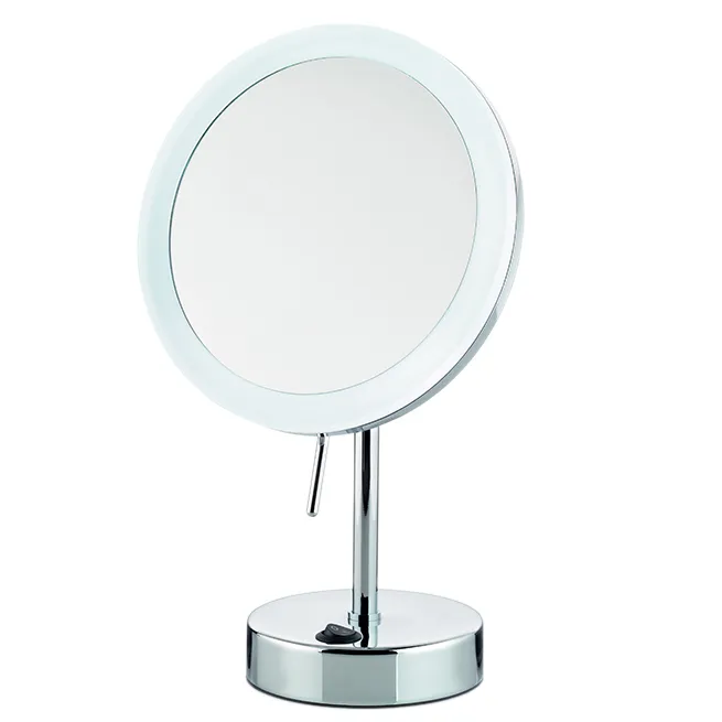 LED Kosmetikspiegel mit Vergrößerung und Ständer Runder LED-Kosmetikspiegel mit Vergrößerung auf chromglänzendem Ständer mit flexiblem Arm