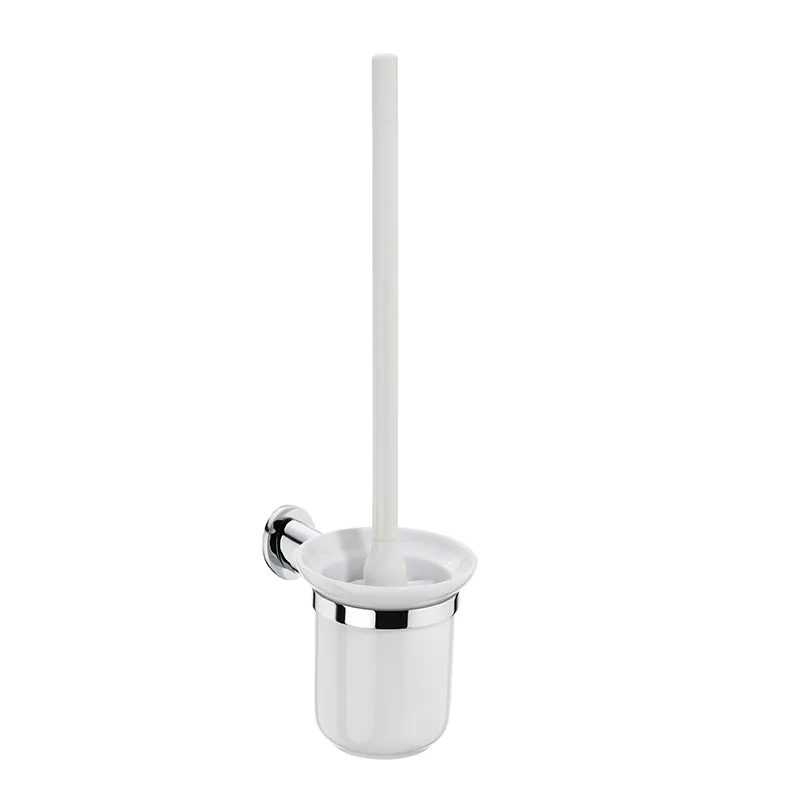 Toilettenbürste Wandhalter – modernes Badezimmer-Zubehör Weiße Toilettenbürste mit Halter an verchromter Wandhalterung, modernes Badezimmer-Accessoire