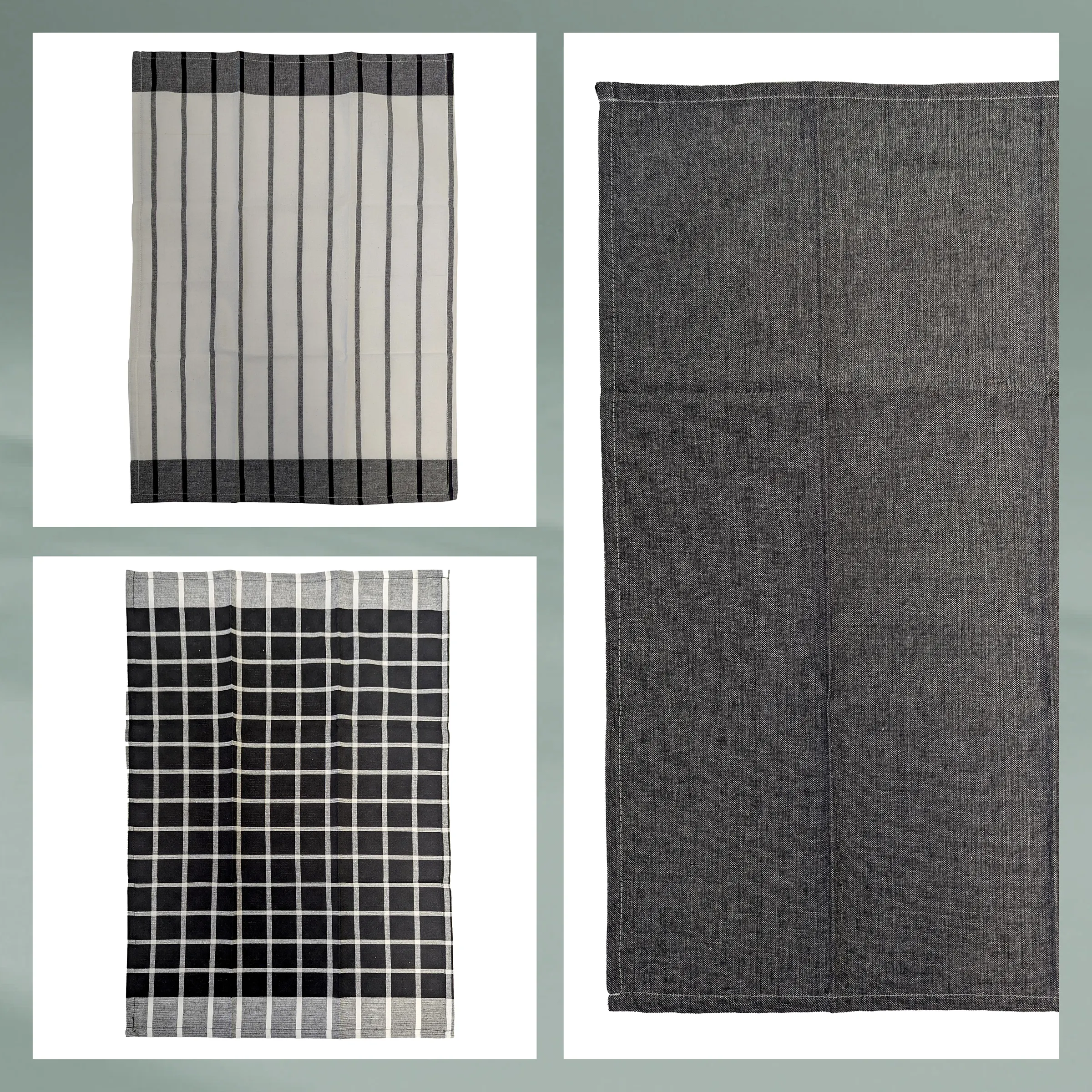 Geschirrtücher Set Grau-Schwarz – Streifen, Karo und Unifarben Küchentextilien Drei Geschirrtücher in Grau und Schwarz mit Streifenmuster, Karomuster und unifarbener Oberfläche