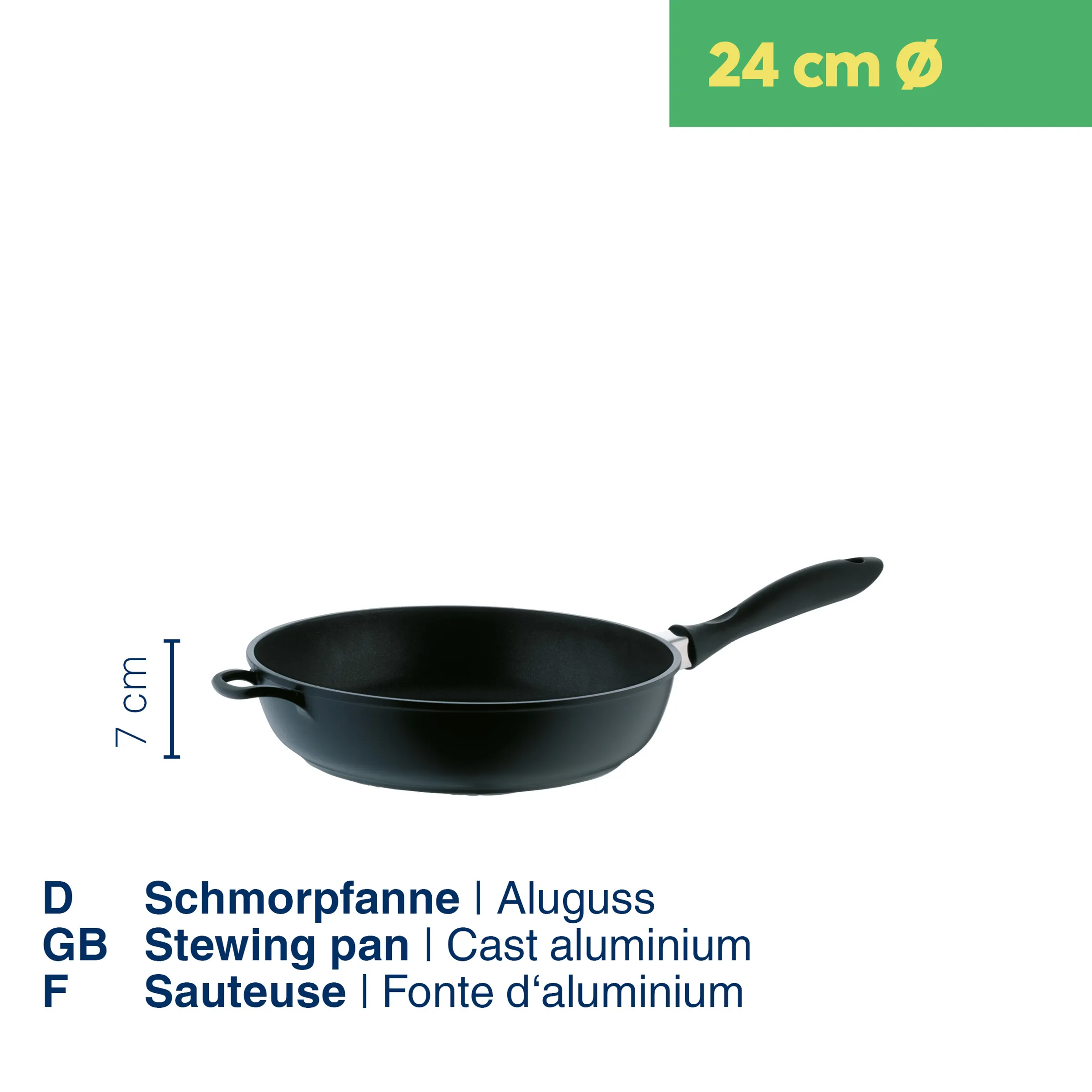 Schmorpfanne Aluguss 24 cm - Antihaft-Beschichtung Bratpfanne Schwarze Schmorpfanne aus Aluguss, 24 cm Durchmesser, 7 cm Höhe, mit abnehmbarem Griff und seitlichem Henkel
