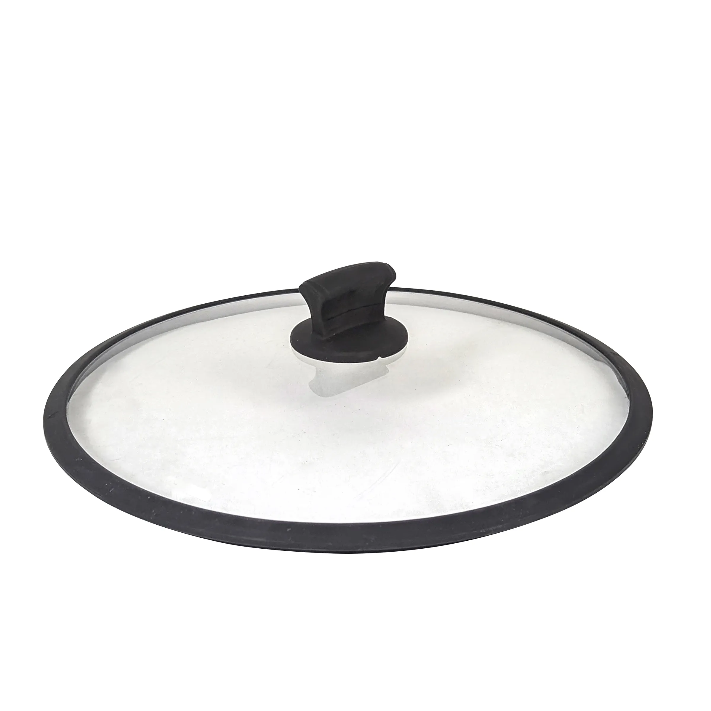 Glasdeckel mit schwarzem Silikonrand und ergonomischem Griff auf weißem Hintergrund