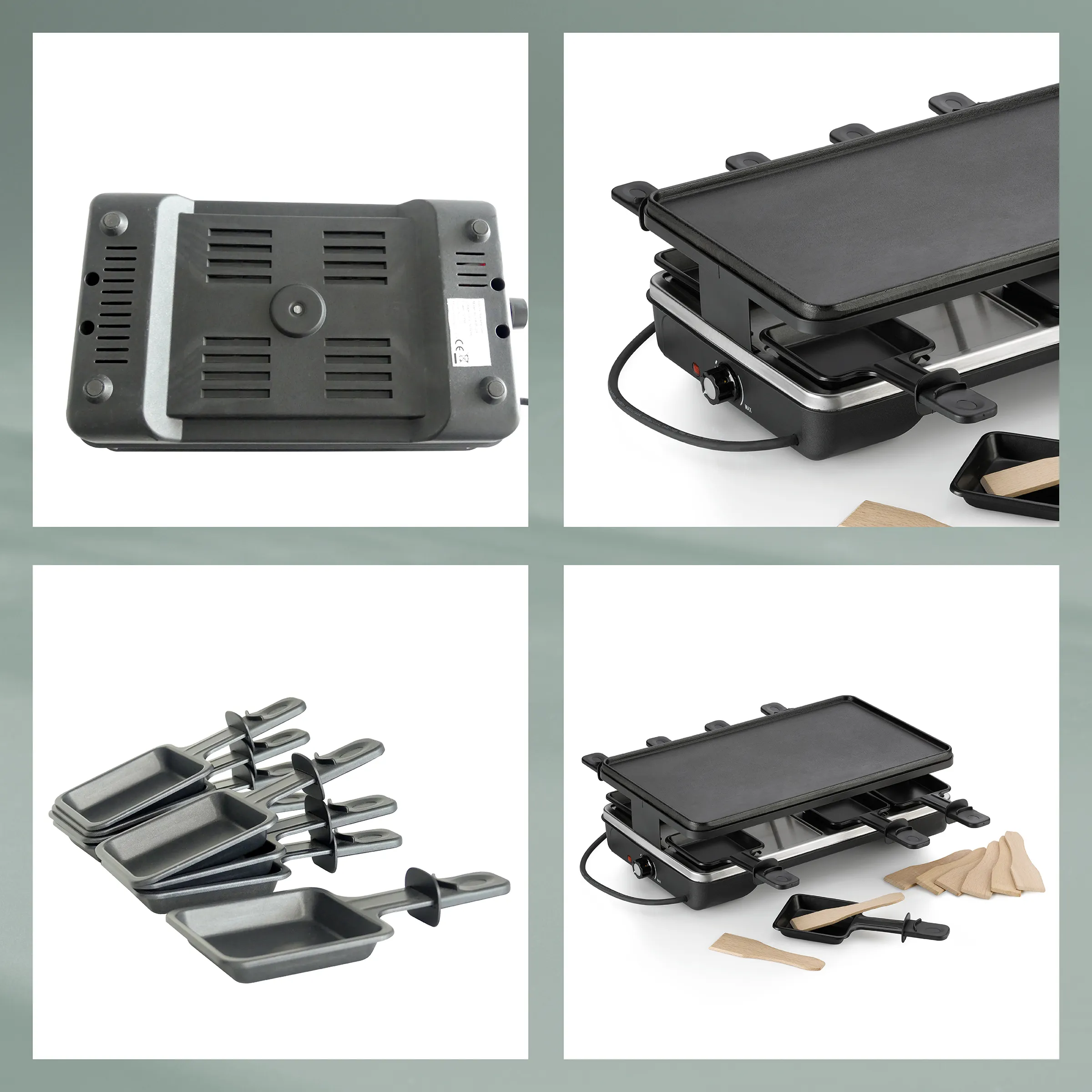 Raclette-Grill mit antihaftbeschichteten Pfännchen und Holzspateln, Ansicht von allen Seiten