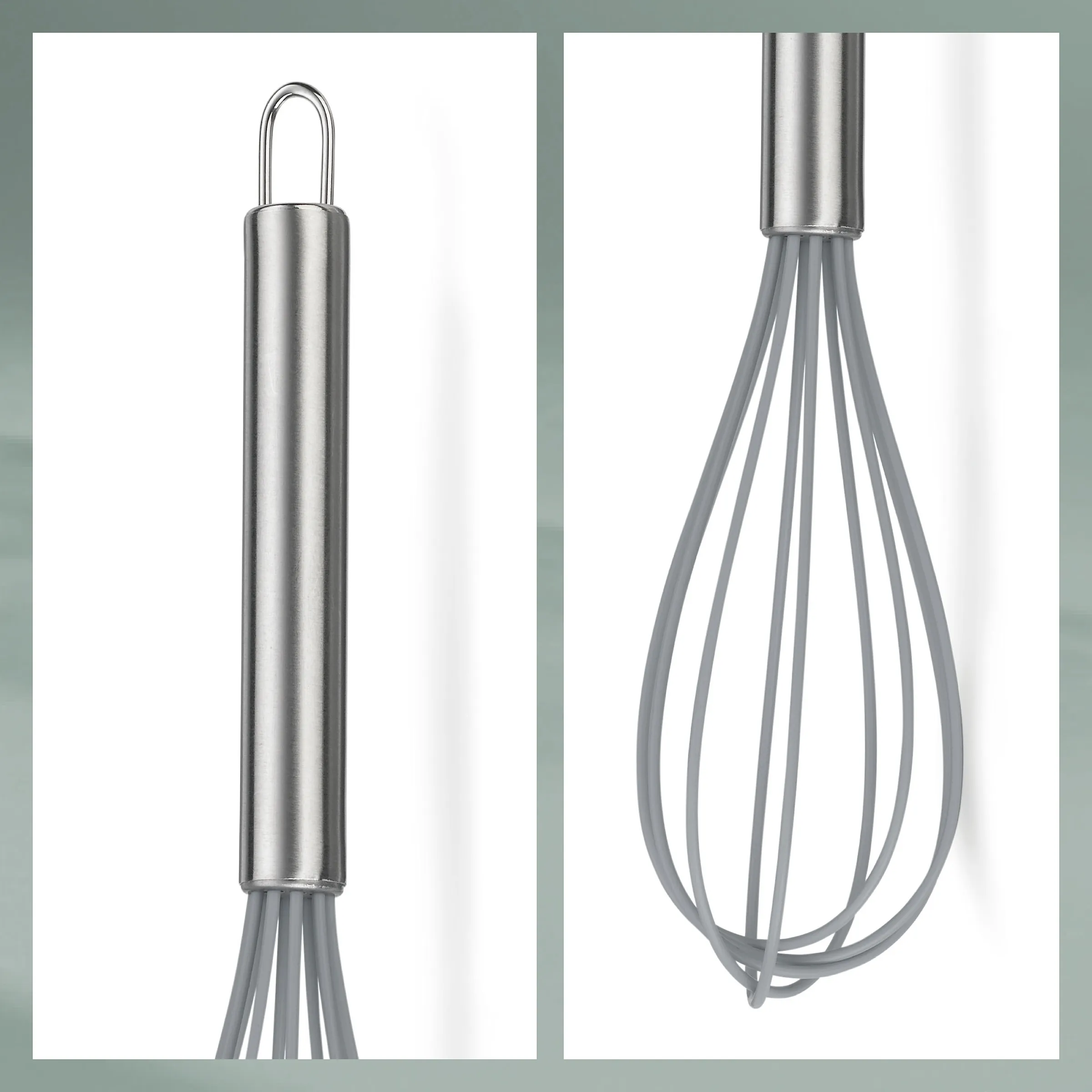 Edelstahl-Schneebesen mit ergonomischem Griff in zwei Ansichten von vorne und der Seite