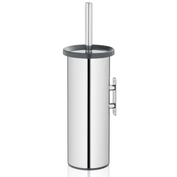 Brosse de toilette en acier inoxydable avec support, design cylindrique, bord et poignée noirs, accessoire de salle de bain moderne