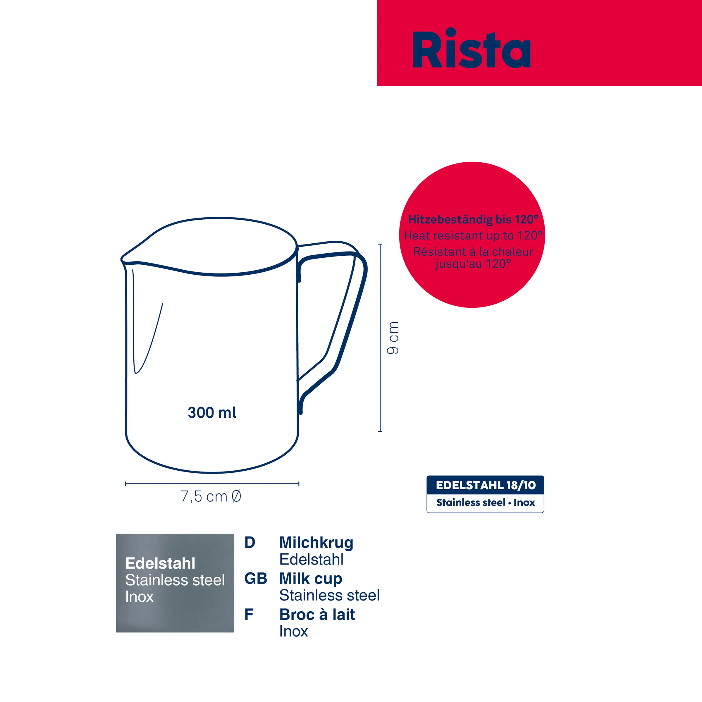 Milchkrug Edelstahl 300ml - hitzebeständig bis 120°C Rista Milchkrug aus Edelstahl 18/10, 300 ml, 9 cm hoch, hitzebeständig bis 120°C