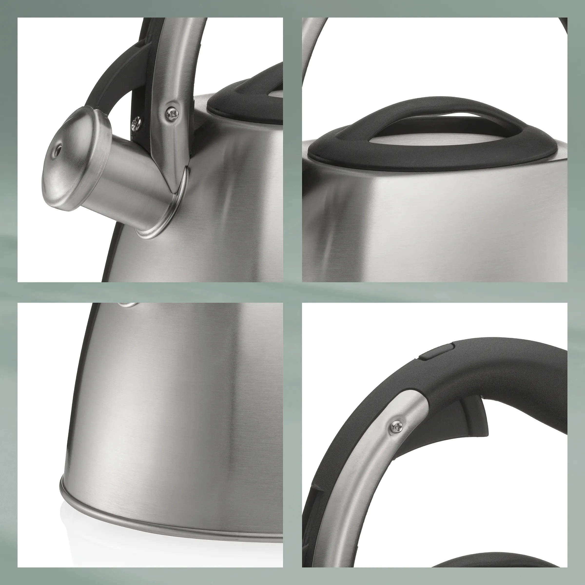 Wasserkocher Edelstahl - modernes Design mit ergonomischem Griff Edelstahl-Wasserkocher mit schwarzem Griff und Deckel in verschiedenen Detailaufnahmen