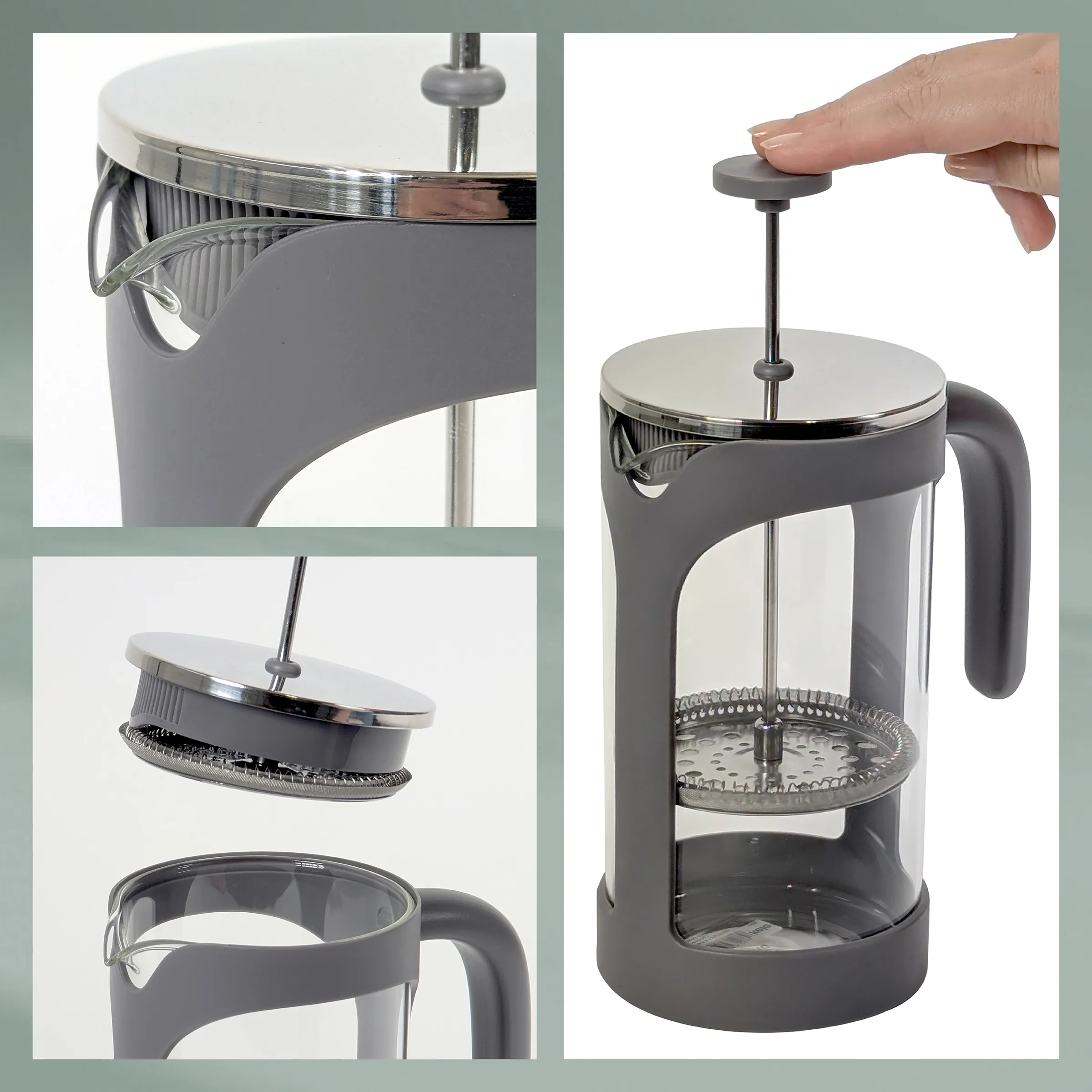 French Press Kaffeebereiter - Kaffeepressen Set Grauer French-Press-Kaffeebereiter mit Edelstahldeckel, Glaskanne und Bedienungsanleitung zur Verwendung