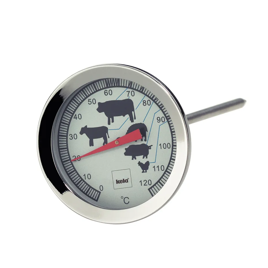 Bratenthermometer Edelstahl mit Temperaturanzeige und Garstufen für Fleisch Kela Bratenthermometer aus Edelstahl mit Analoganzeige, Temperaturskala bis 120°C und Tiersymbolen
