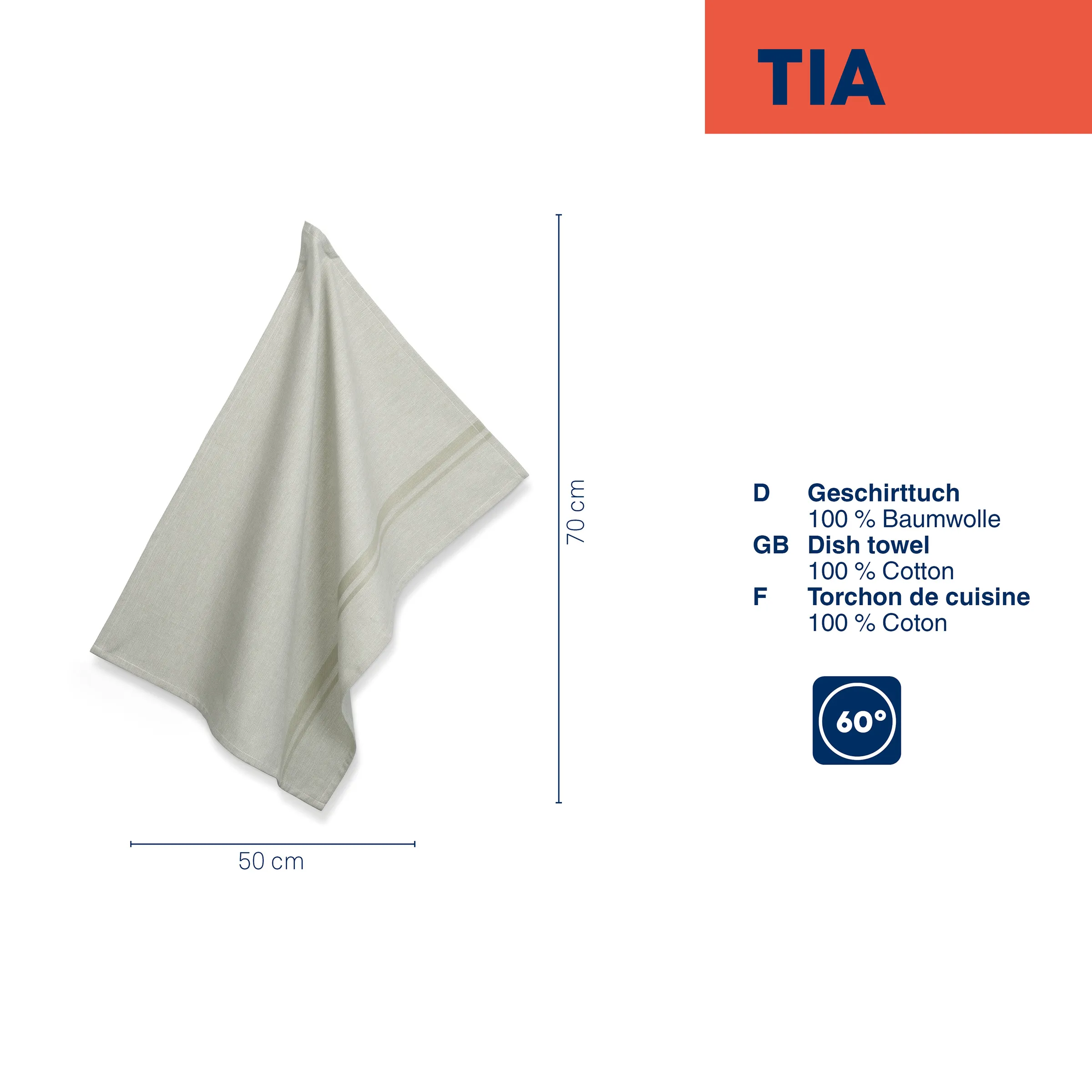 Beige Geschirrtuch aus 100% Baumwolle mit Maßen 50x70 cm, waschen bei 60 Grad, flach ausgebreitet.