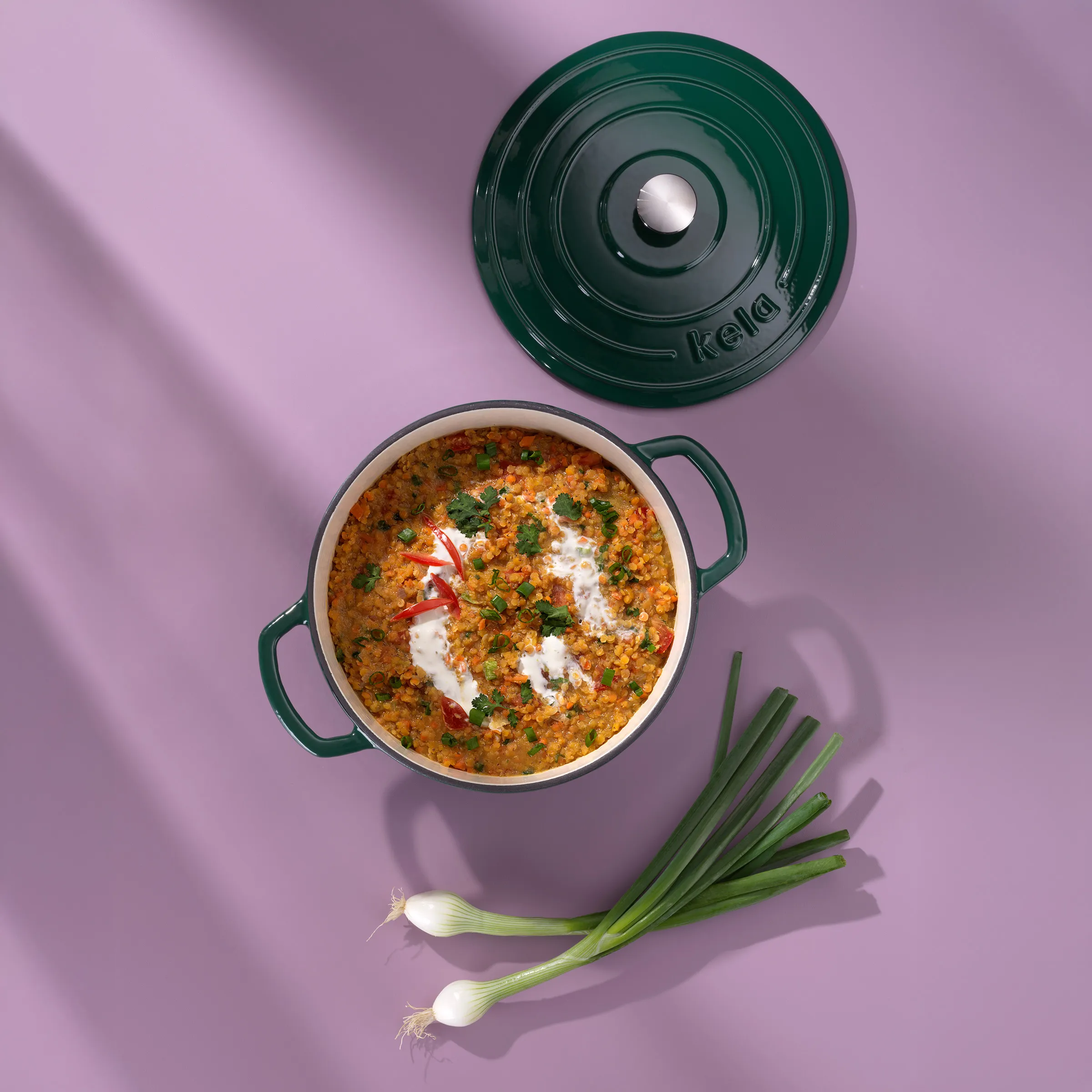 Reisgericht im Gusseisen-Topf mit Joghurt und Kräutern - Rezeptfotografie Reisgericht mit Joghurt und Kräutern in grünem Gusseisen-Topf von oben, daneben Frühlingszwiebeln
