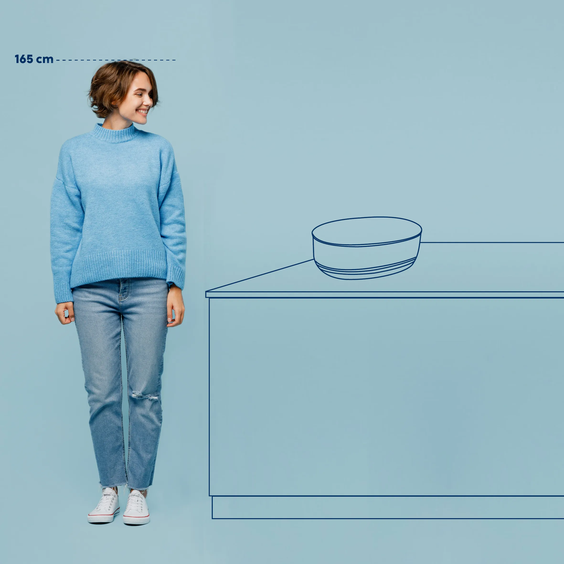 Größenvergleich Frau 165 cm - Pullover Größentabelle Frau mit Höhe von 165 cm trägt blauen Pullover und Jeans vor hellblauem Hintergrund neben Schüssel-Illustration