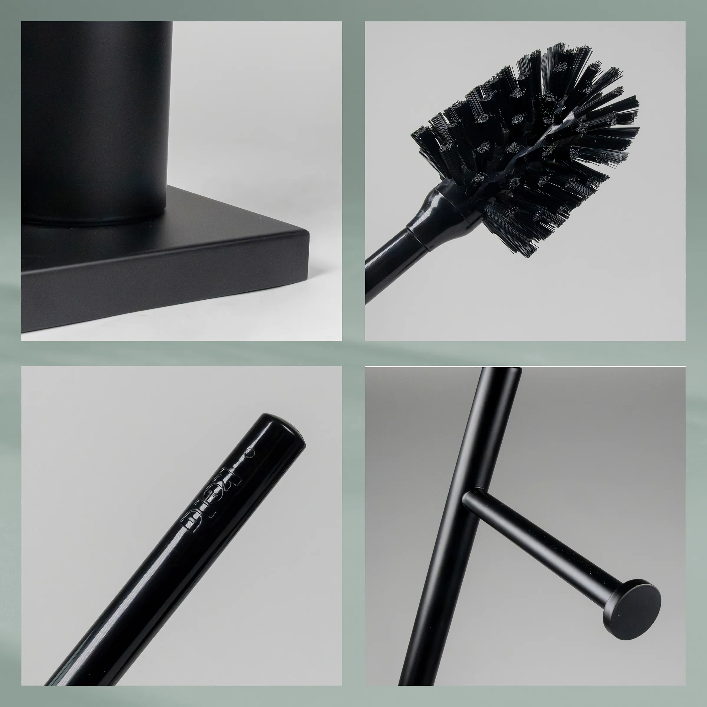 Toilettenbürste Set mit Halter - Premium Badezimmerreiniger Schwarze Toilettenbürste mit Halter in vier Ansichten: Behälter, Bürstenkopf, Griff und Wandhalterung