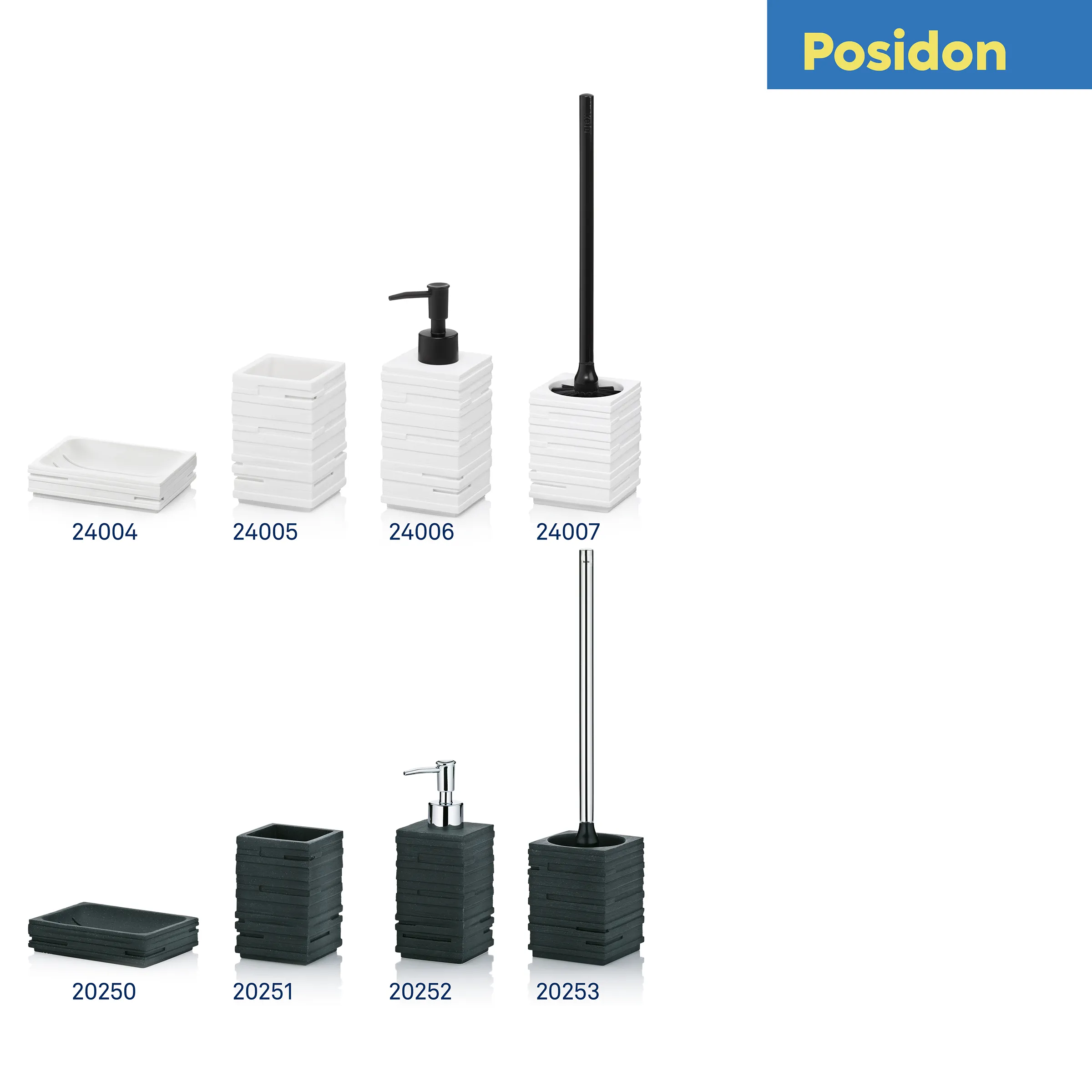 Posidon Badezimmer Accessoires Set - Behälter und Seifenspender Posidon Badezimmeraccessoires Set mit weißen und dunkelgrünen Behältern, Seifenspendern und Toilettenbürste
