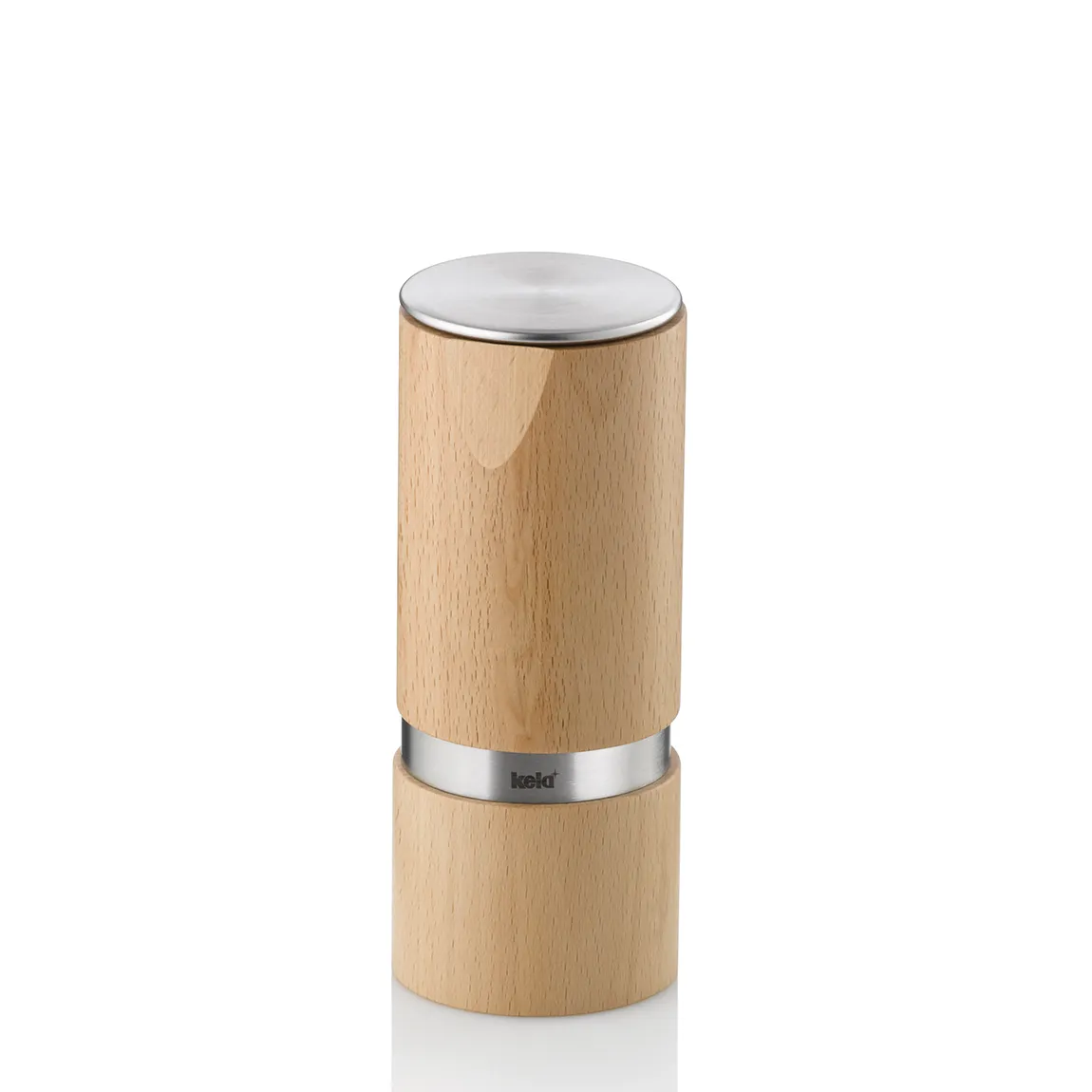 Holz-Salzmühle mit Edelstahlband und weißem Keramiktop, elegantes Küchengerät