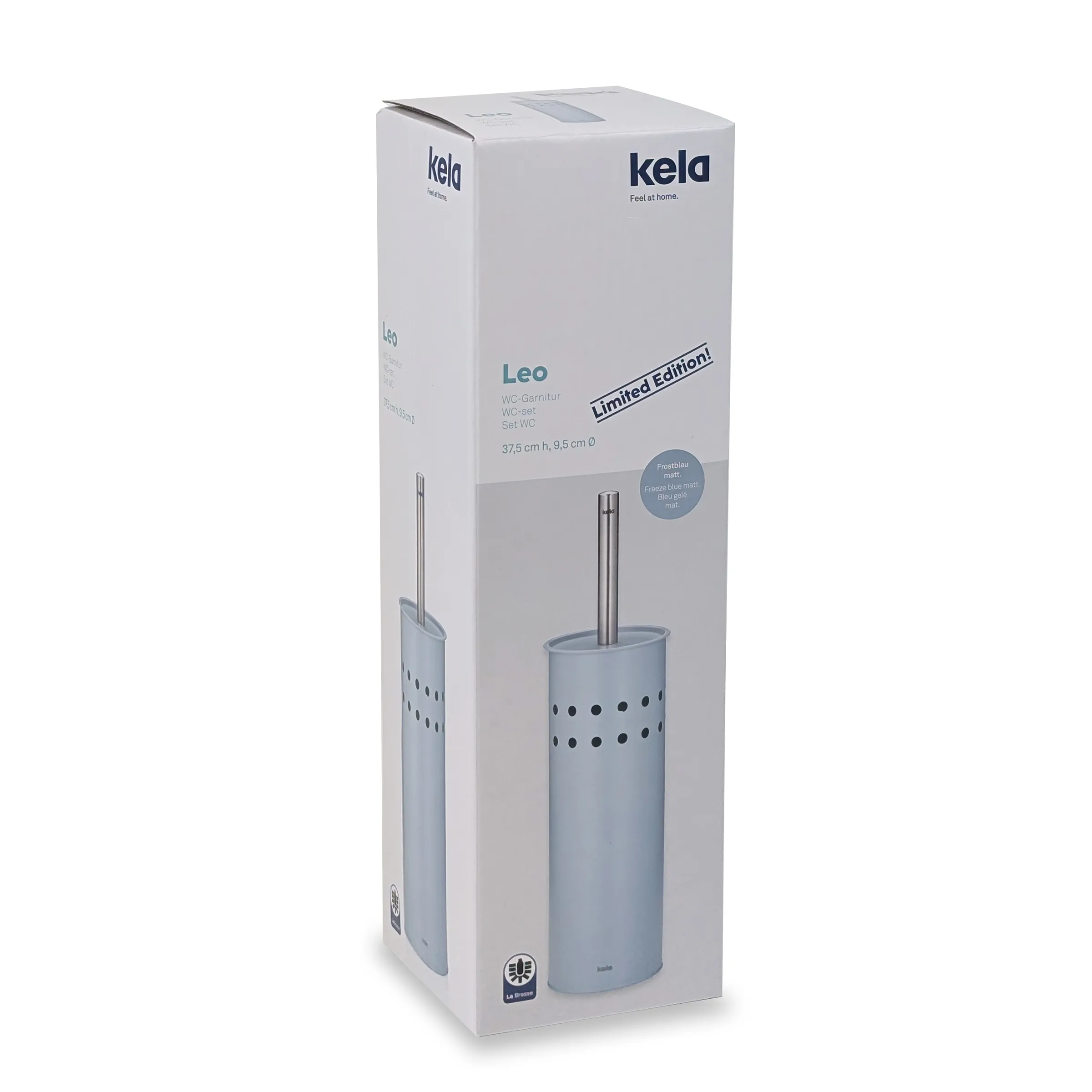 Kela Leo WC-Garnitur Limited Edition in Blaugrau mit Edelstahlstiel, Verpackung zeigt Toilettenbürste mit Halter