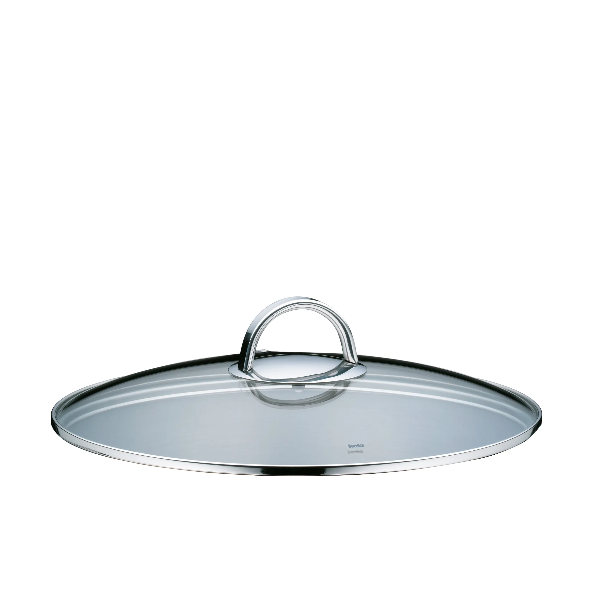 Glasdeckel mit Edelstahlgriff für Töpfe und Pfannen Runder Glasdeckel mit Metallrand und gebogenem Edelstahlgriff auf weißem Hintergrund