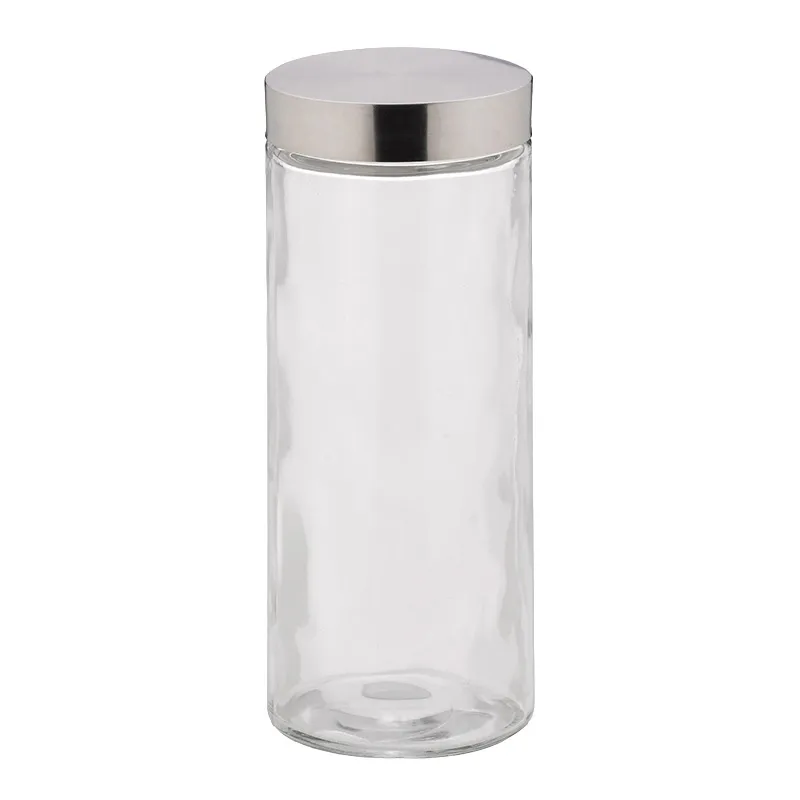 Vorratsglas mit Edelstahldeckel - Transparentes Aufbewahrungsglas Transparentes Glasgefäß mit silbernem Schraubdeckel aus Edelstahl, leer, zylindrische Form