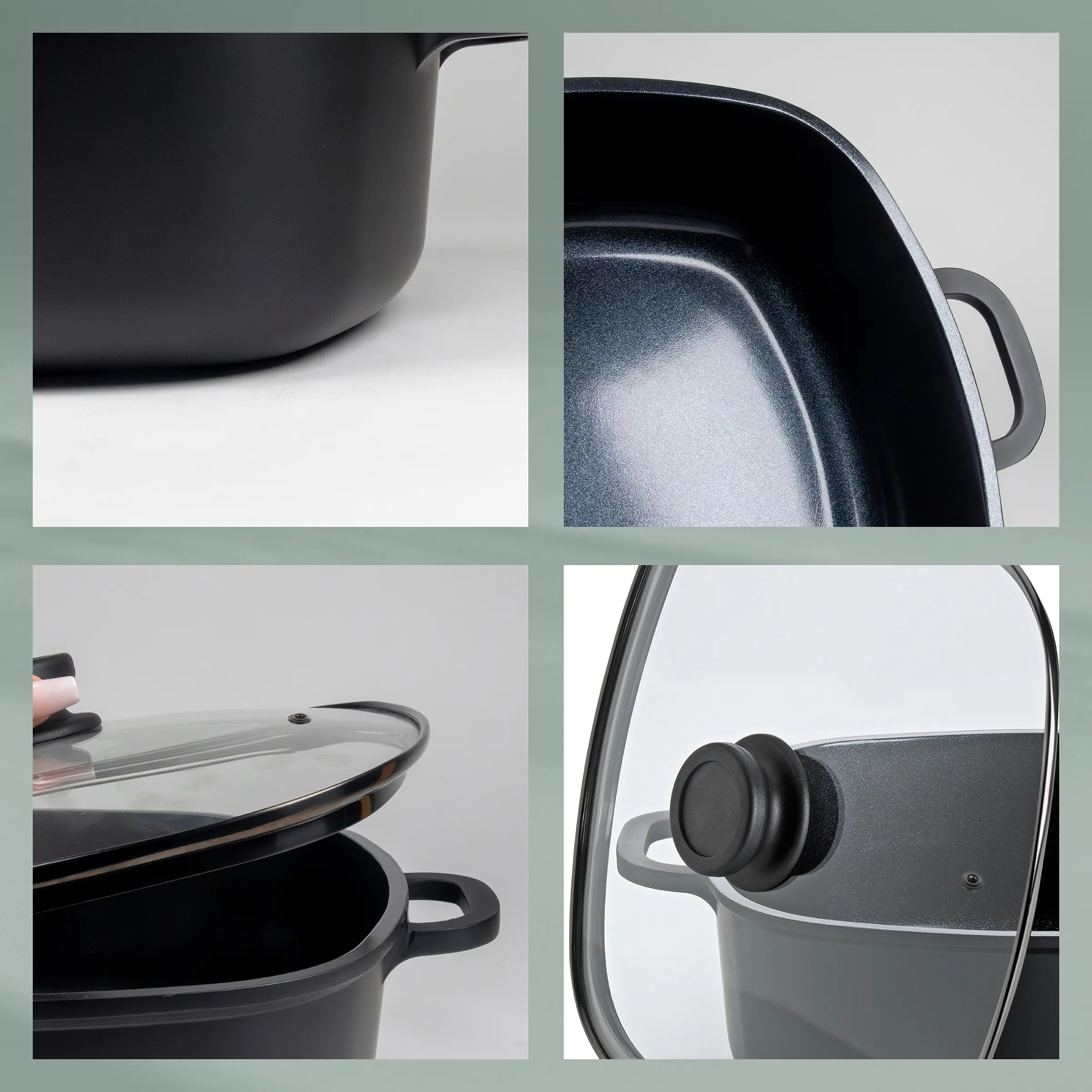 Antihaft-Kochtopf mit Glasdeckel - Premium Non-Stick Kochgeschirr Antihaft-Kochtopf mit Glasdeckel und Griffen, Detailansichten der beschichteten Oberfläche und Deckelhalterung