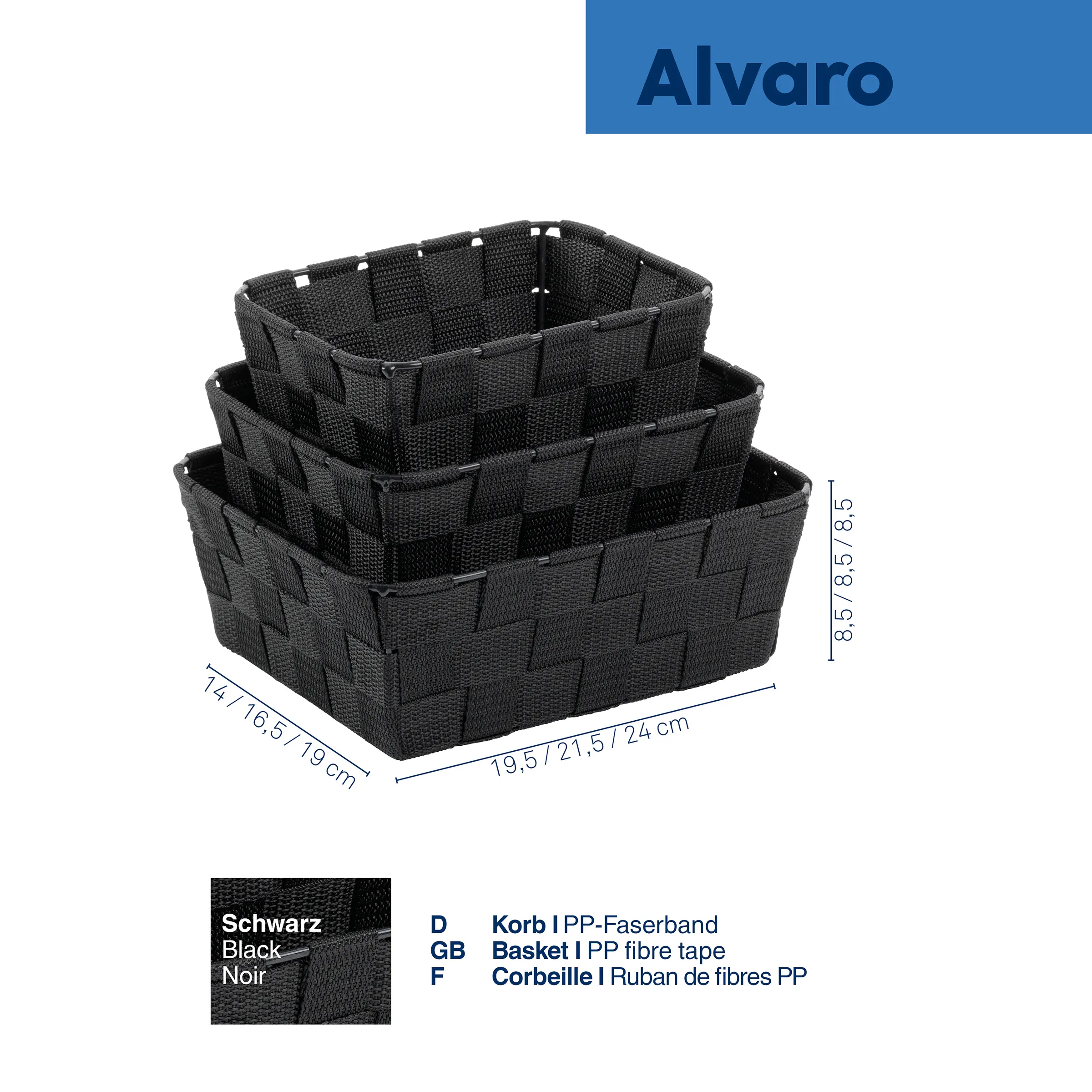 Schwarze Aufbewahrungskörbe 3er-Set - Geflochtene PP-Faserbandkörbe Alvaro Alvaro 3er-Set schwarze Aufbewahrungskörbe aus geflochtenem PP-Faserband in verschiedenen Größen