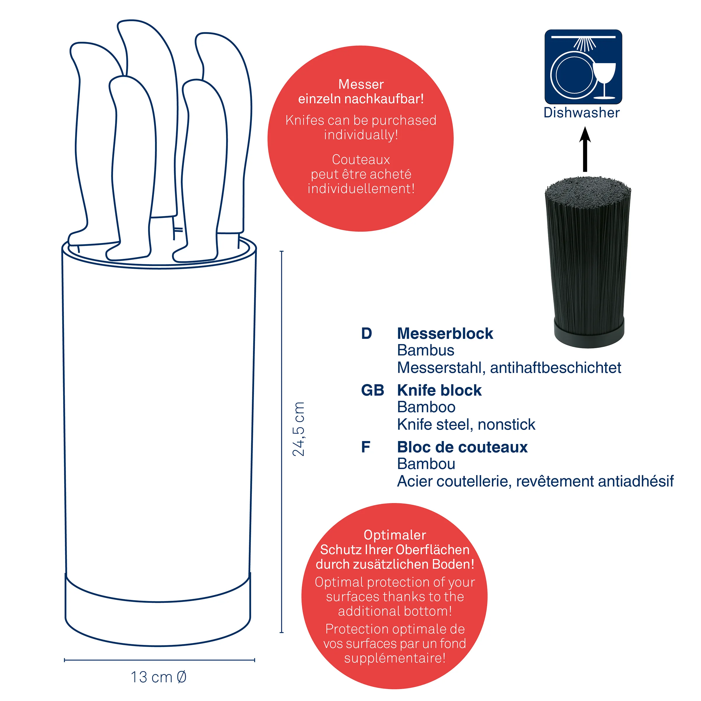 Messerblock Bambus - Messer Block mit Antihaftbeschichtung Bambus-Messerblock mit 4 Messern, Höhe 24,5 cm, Durchmesser 13 cm, dishwasher-sicher mit Kunststoffboden