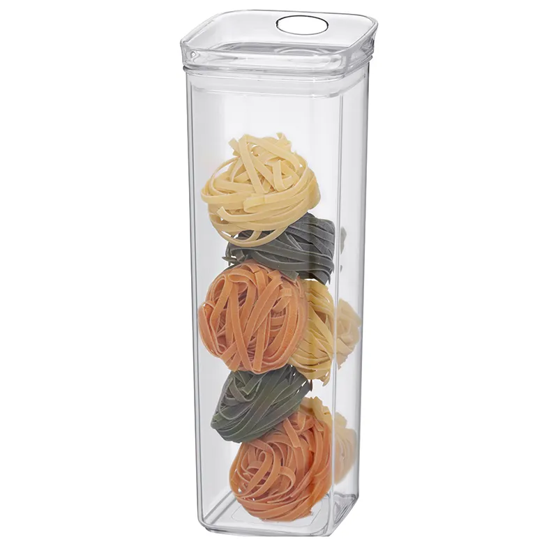 Vorratsbehälter mit bunten Pasta-Nestern - luftdichte Aufbewahrung für Nudeln Transparenter Vorratsbehälter mit Deckel gefüllt mit bunten Pasta-Nestern in verschiedenen Farben