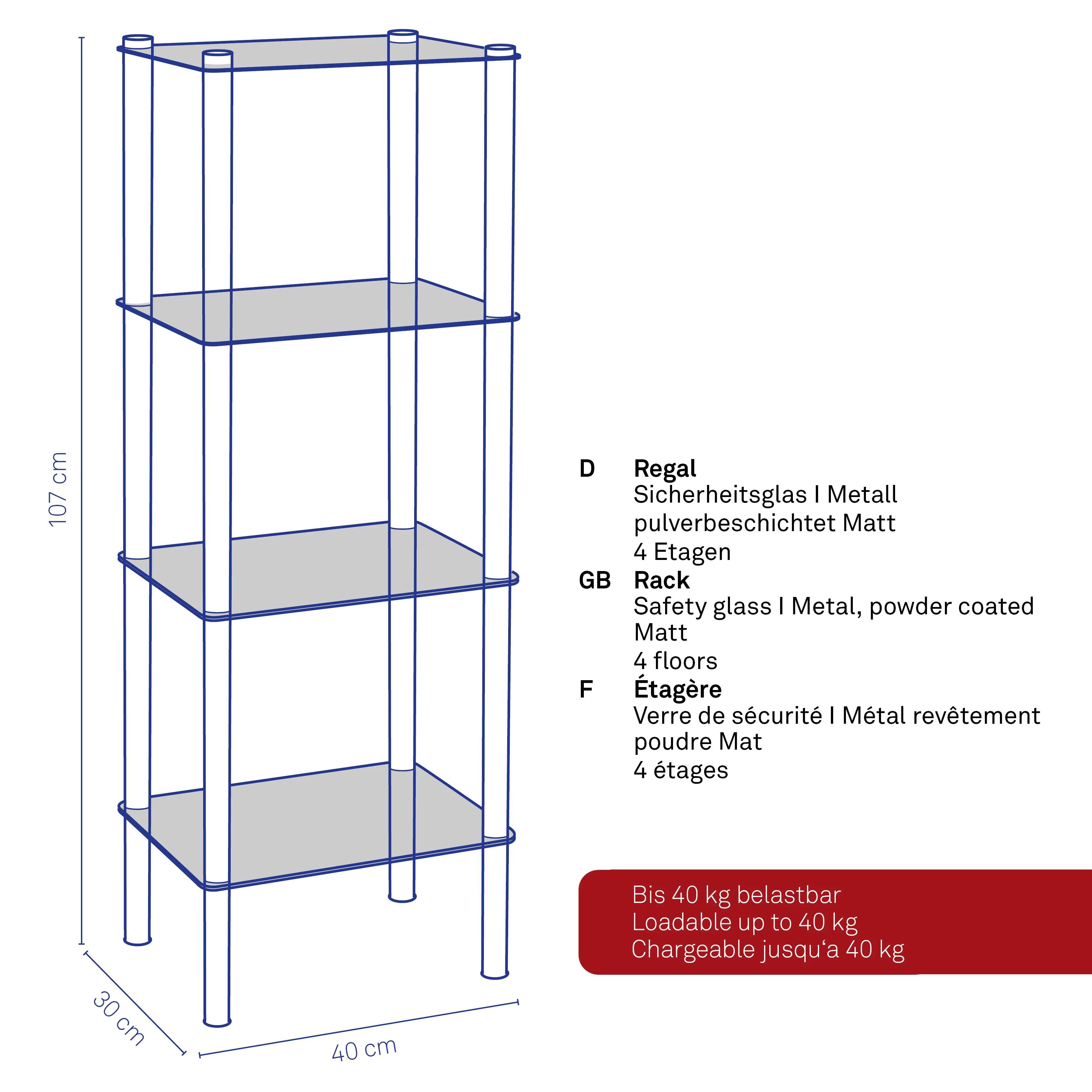 Blaues Metallregal mit 4 Etagen, Sicherheitsglas-Einlegeböden, 107 cm hoch, 40 kg belastbar pro Boden